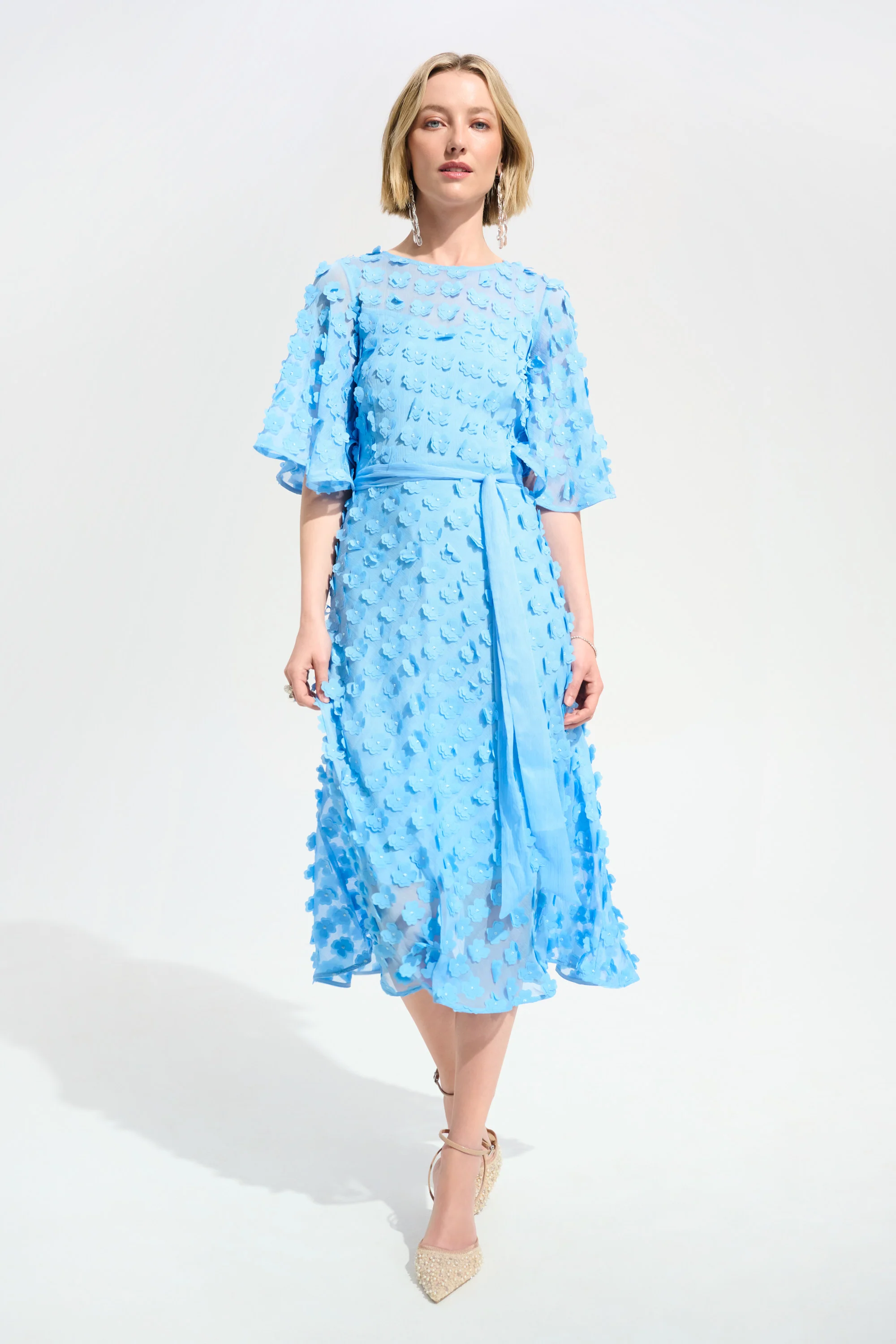 Joseph Ribkoff 3D Embroidered Chiffon Fit & Flare Dress With Sash Belt Style 261738