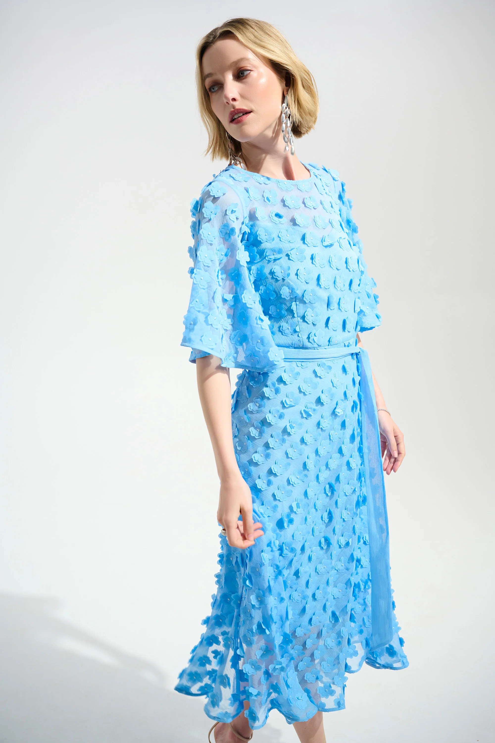 Joseph Ribkoff 3D Embroidered Chiffon Fit & Flare Dress With Sash Belt Style 261738 - Image 2