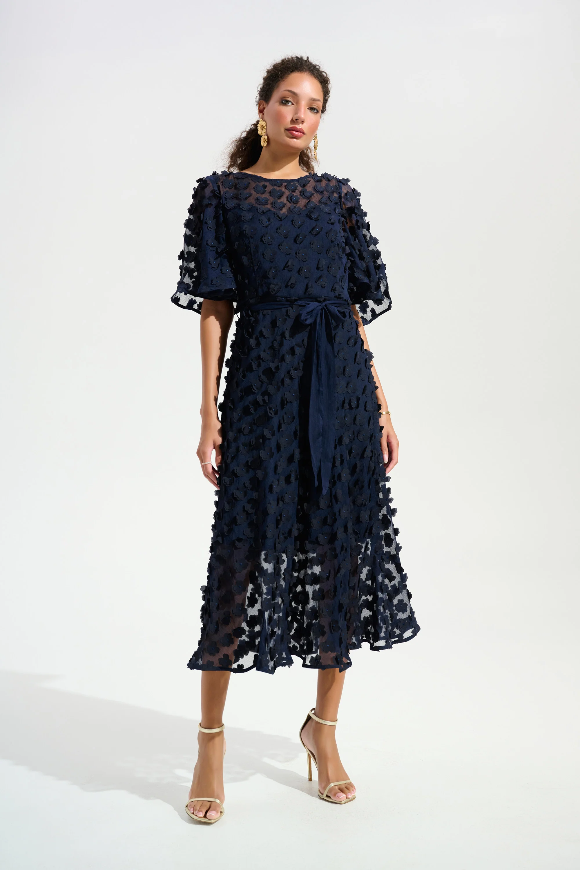 Joseph Ribkoff 3D Embroidered Chiffon Fit & Flare Dress With Sash Belt Style 261738 - Image 6