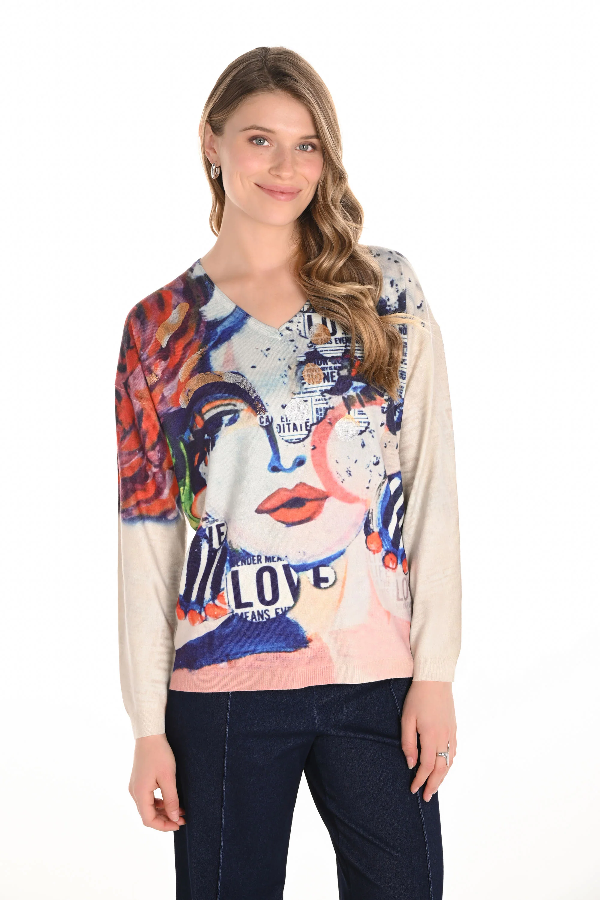Frank Lyman Beige/Blue Graphic Print Pullover Style 253816 - Image 3