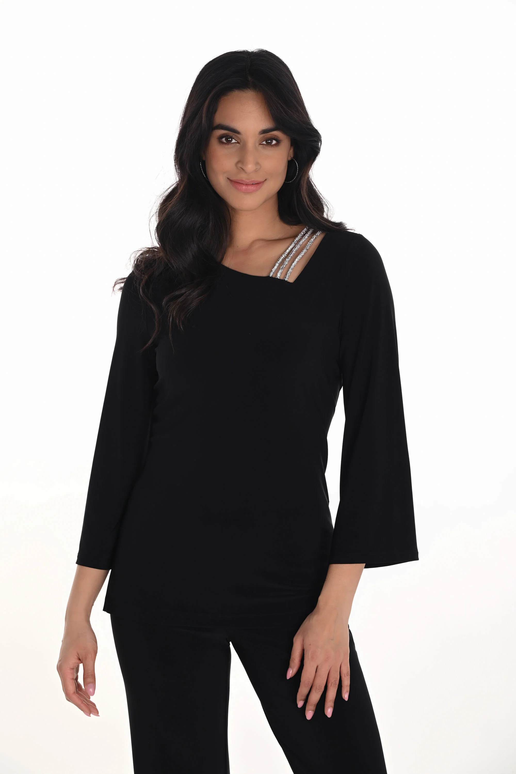 Frank Lyman Black 3/4 Bell Sleeve Asymmetrical Neckline Top Style 254026 - Image 2