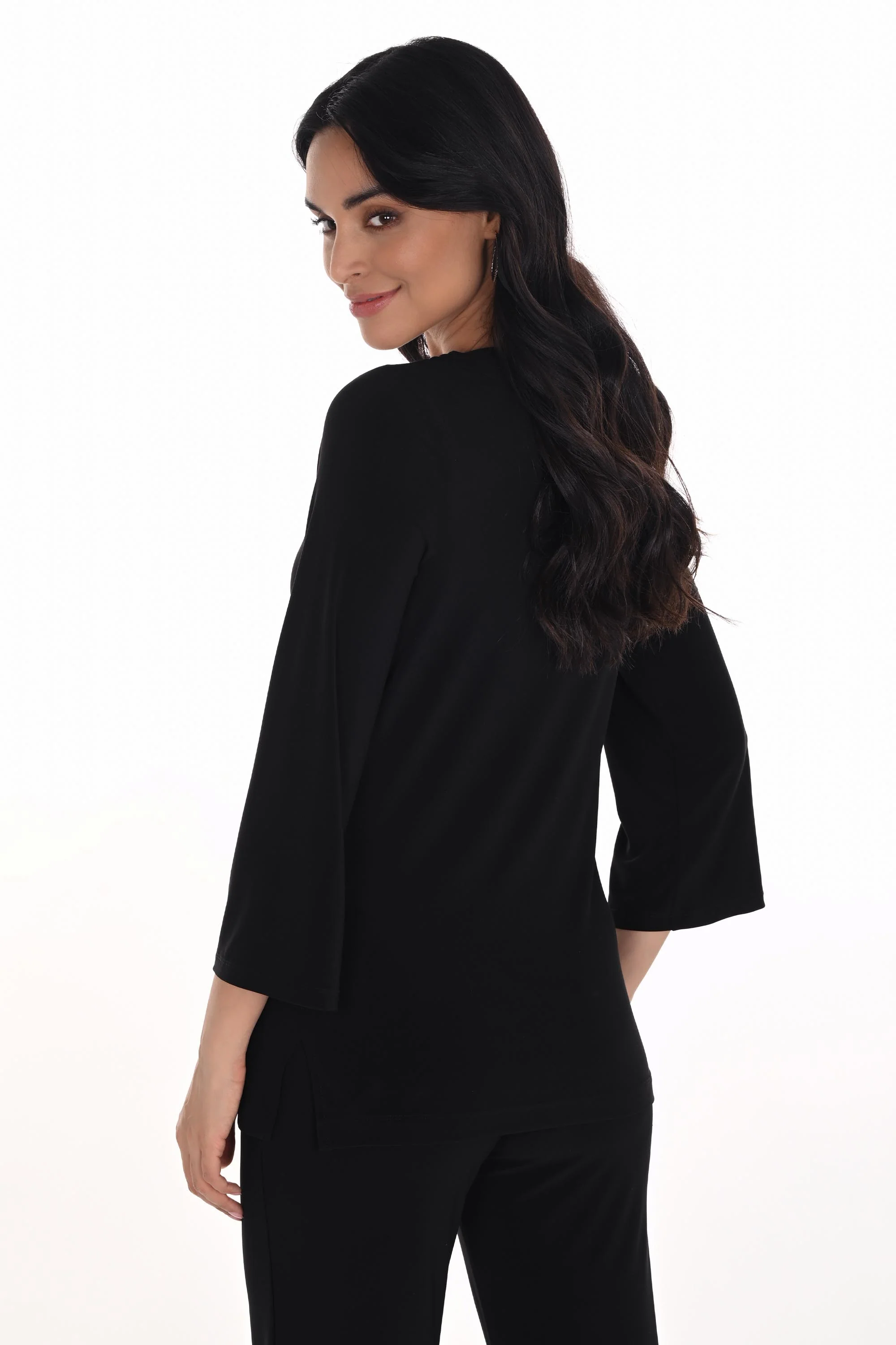 Frank Lyman Black 3/4 Bell Sleeve Asymmetrical Neckline Top Style 254026 - Image 3