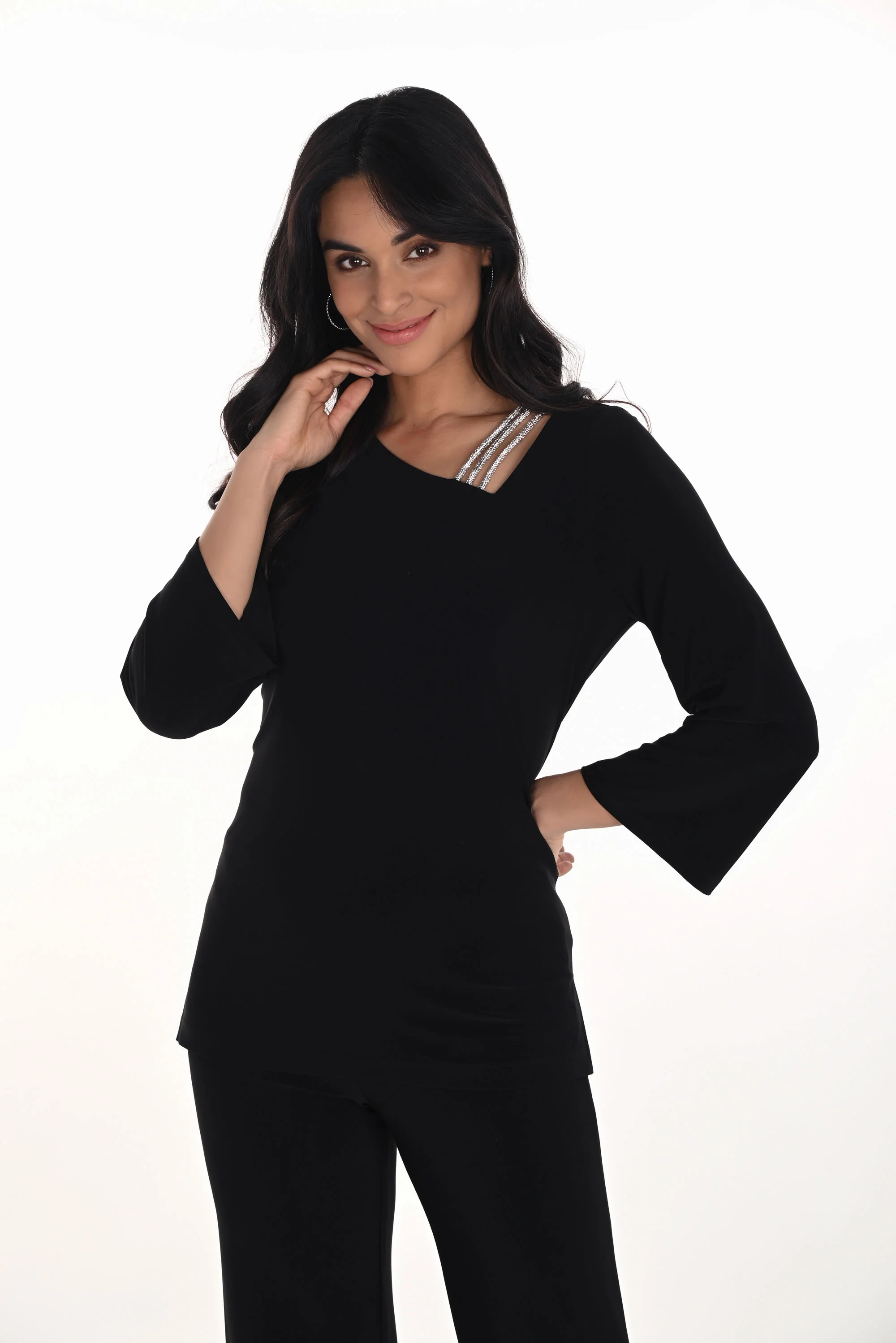 Frank Lyman Black 3/4 Bell Sleeve Asymmetrical Neckline Top Style 254026 - Image 4