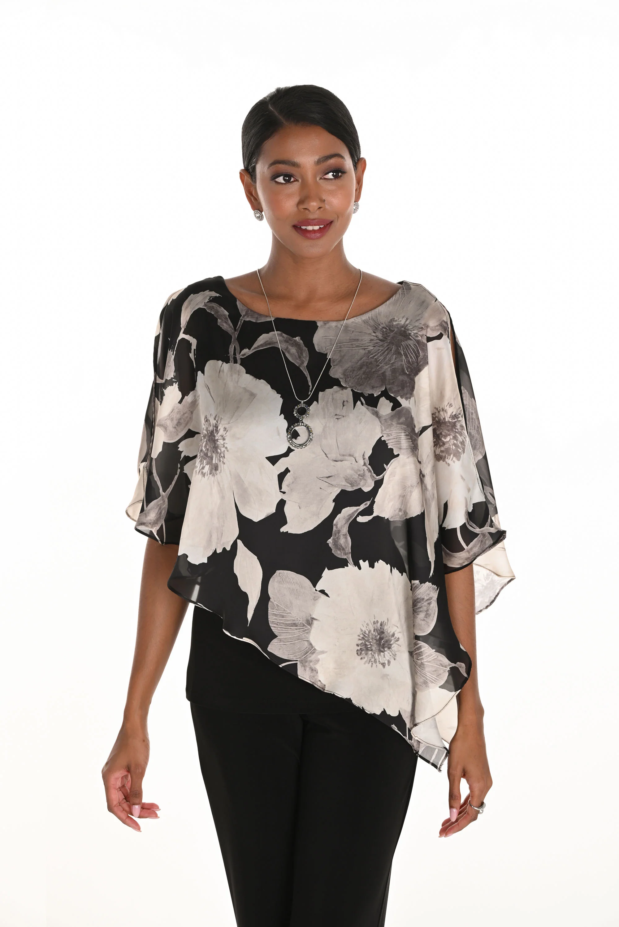 Frank Lyman Black/Beige Floral Top With Jewel Embellishment Style 259343 - Image 2