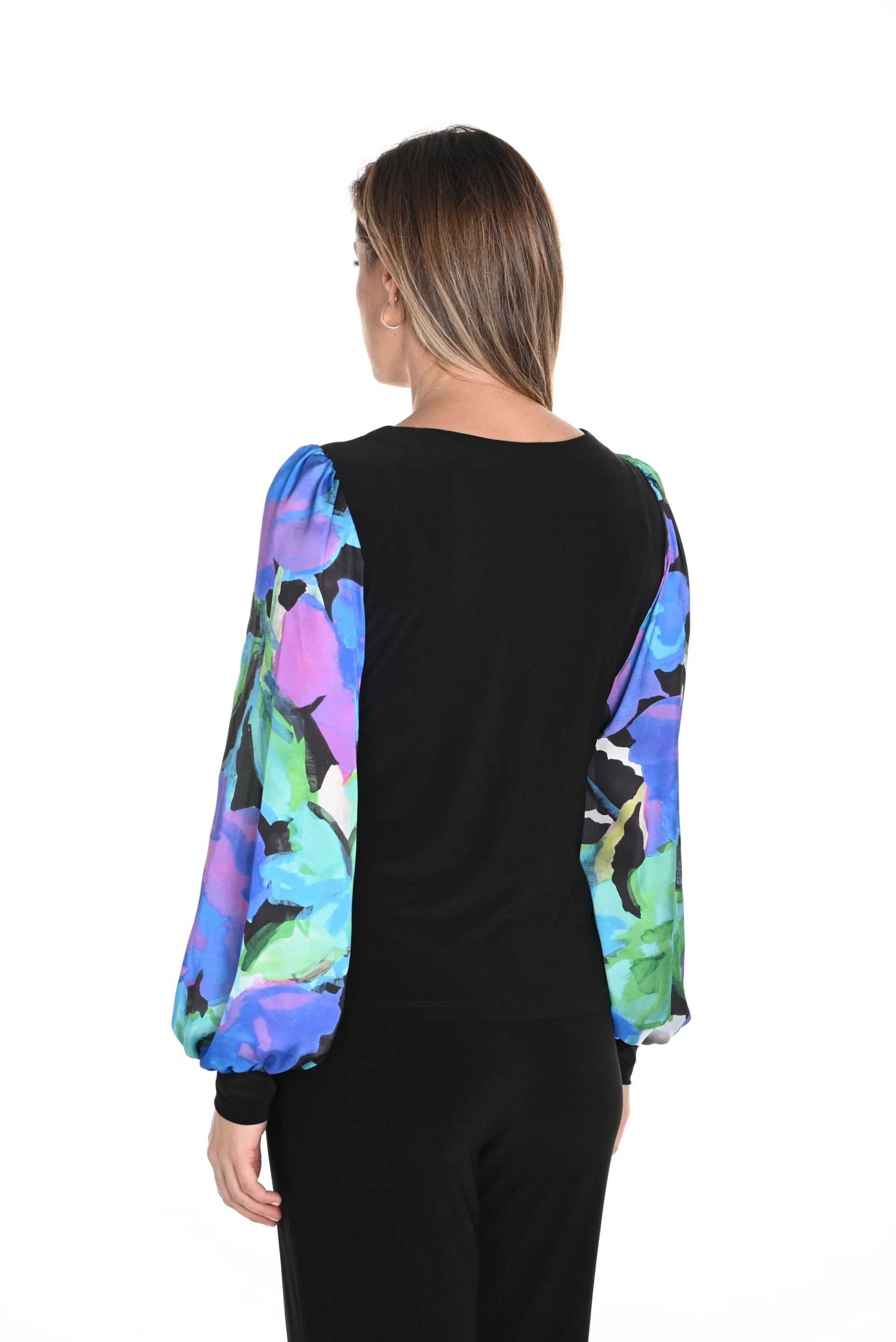 Frank Lyman Black/Blue Top with Abstract Print Puffy Sleeves Style 243239 - Image 3