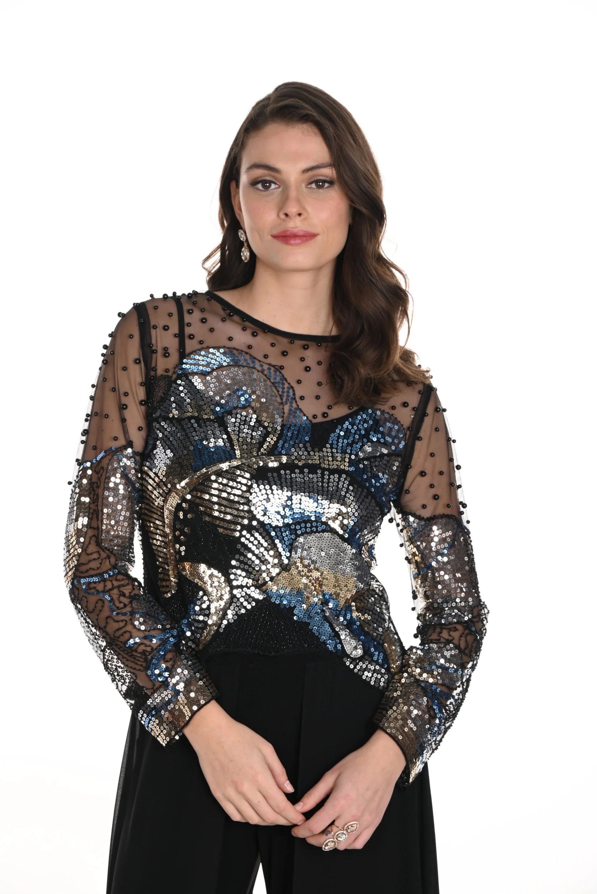 Frank Lyman Black/Blue Top with Pearls and Sequins Style 249414U - Image 2
