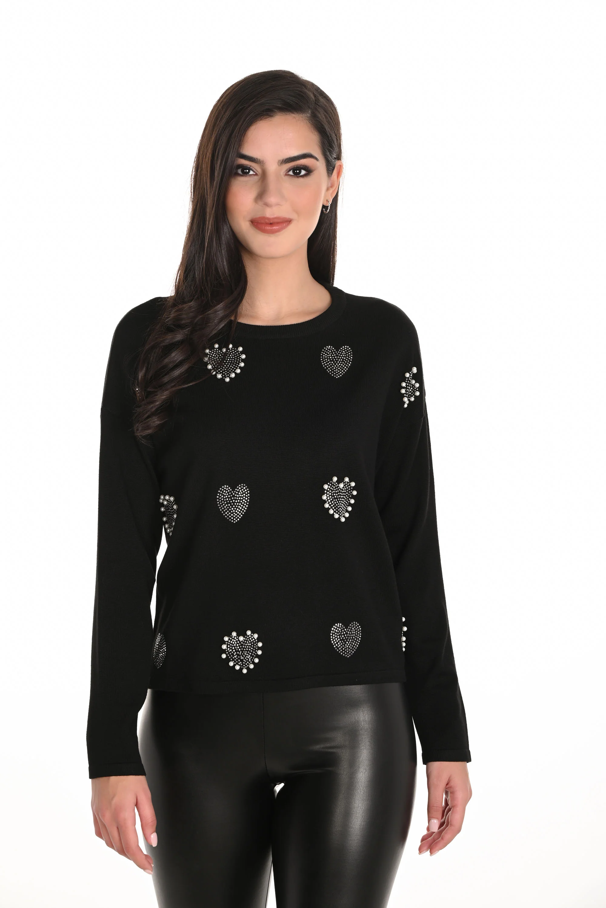 Frank Lyman Black Casual Sweater with Heart Embellishments Style 253844 - Image 3