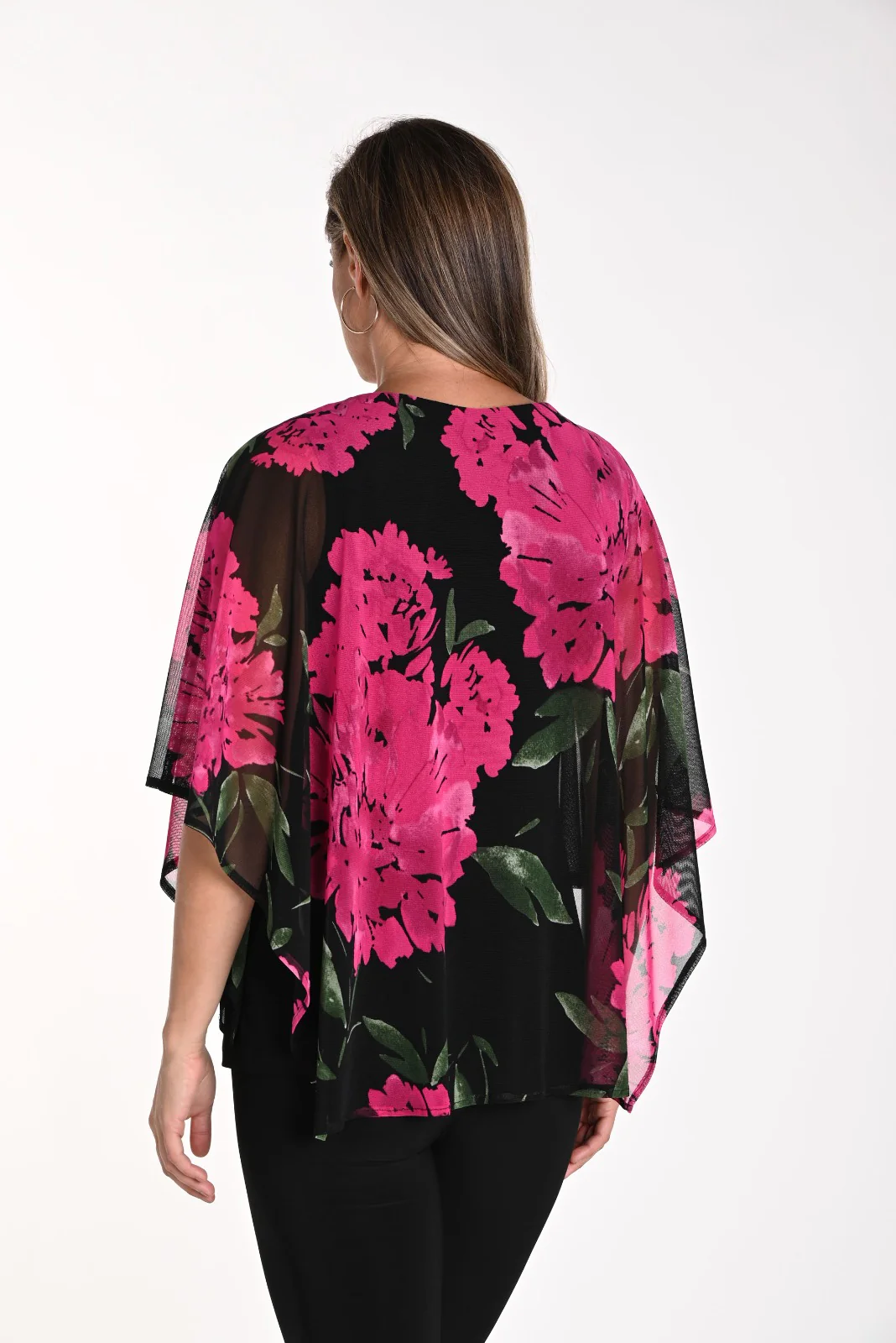 Frank Lyman Black/Fuchsia Floral Print Chiffon Top Style 241100 - Image 2