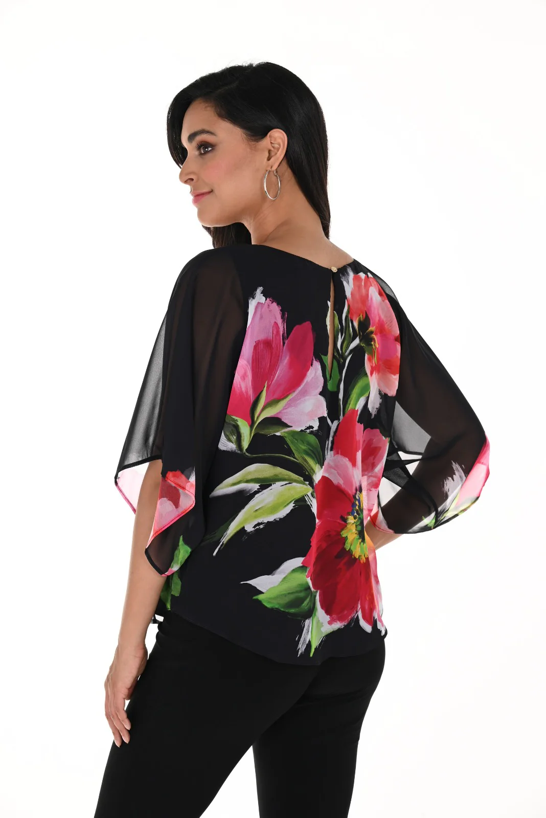 Frank Lyman Black/Fuchsia Floral Print Chiffon Top Style 246186 - Image 2