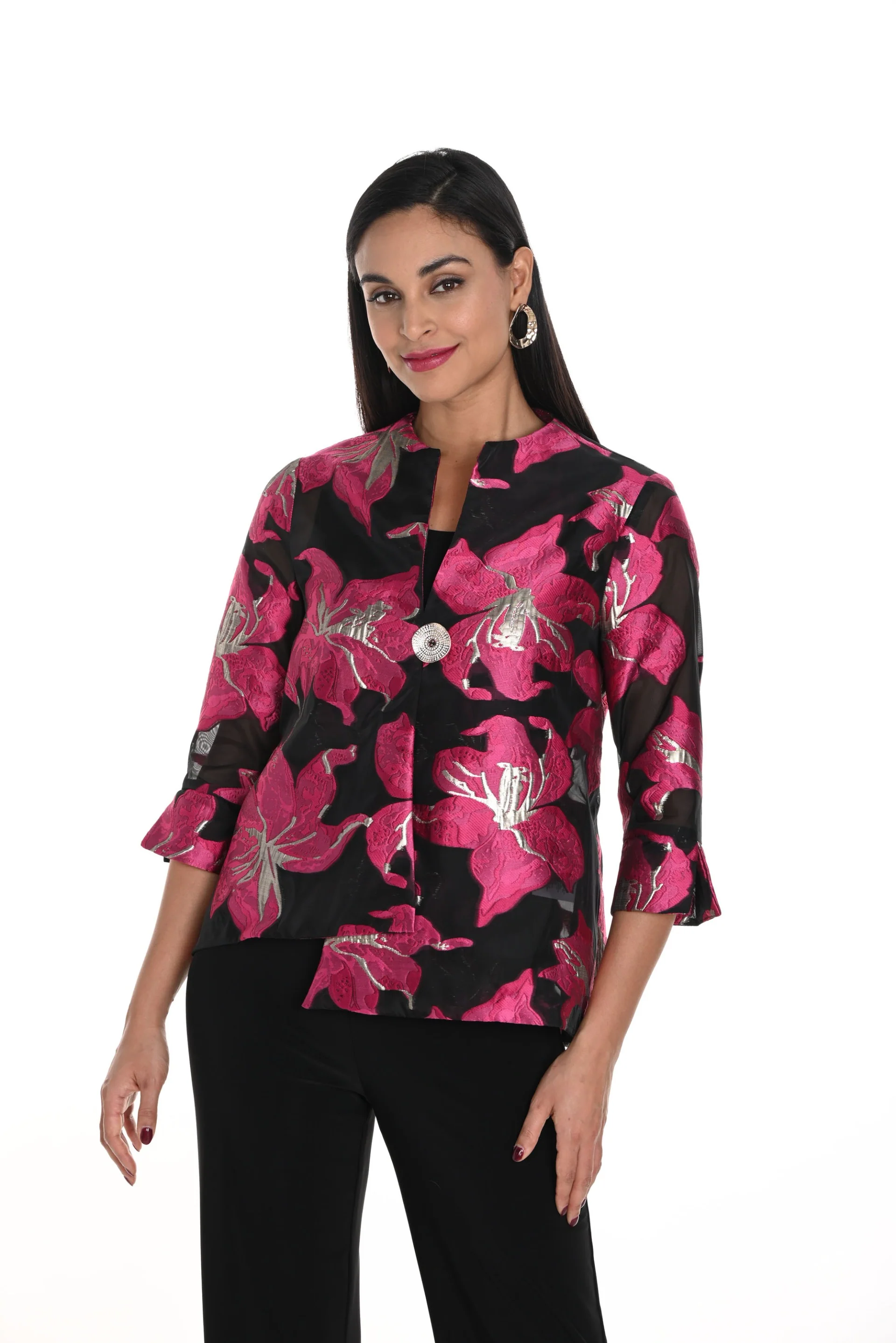 Frank Lyman Black/Fuchsia Floral Print Swing Jacket Style 249247 - Image 2