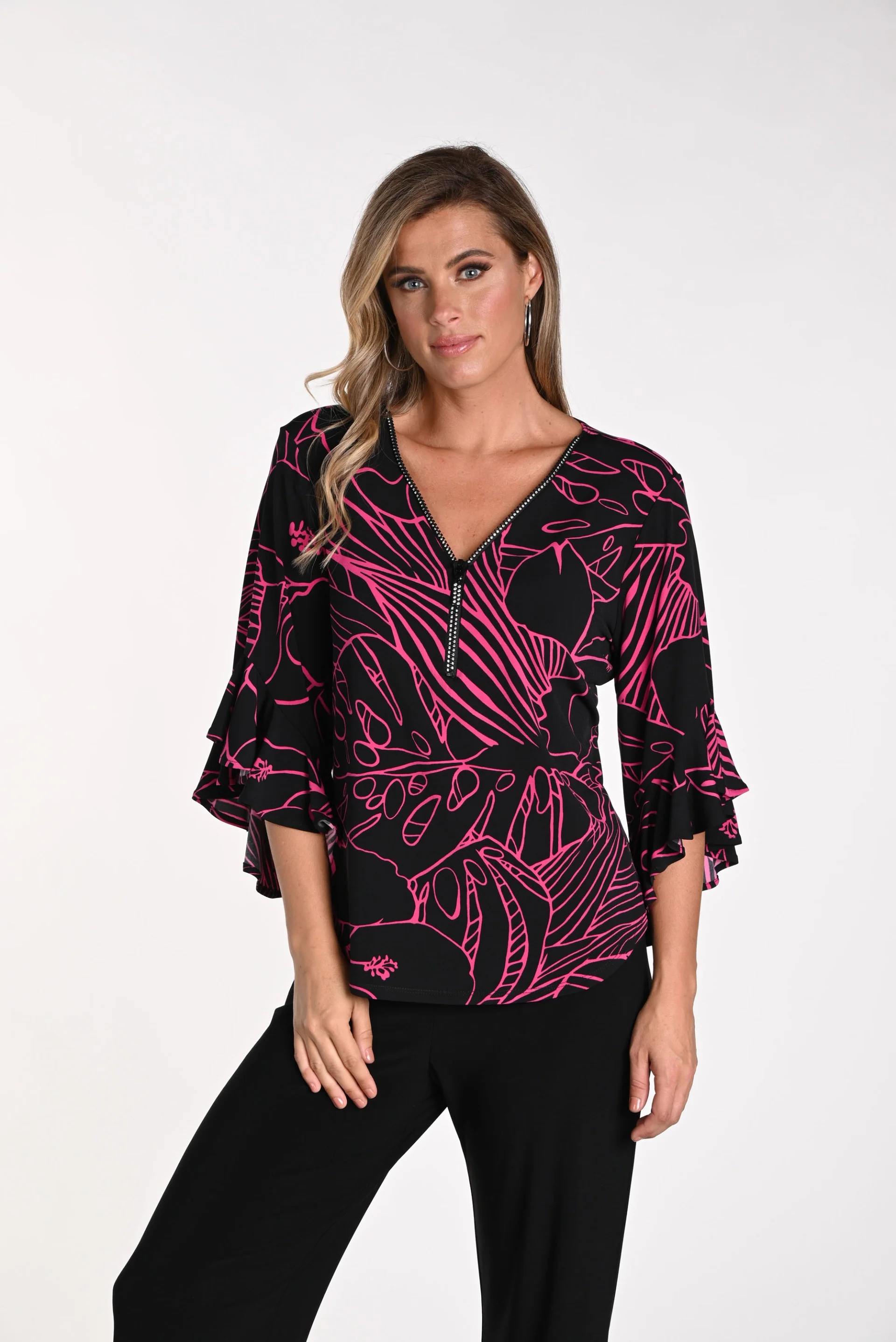 Frank Lyman Black/Fuchsia V-Neckline Top Style 241484 - Image 2