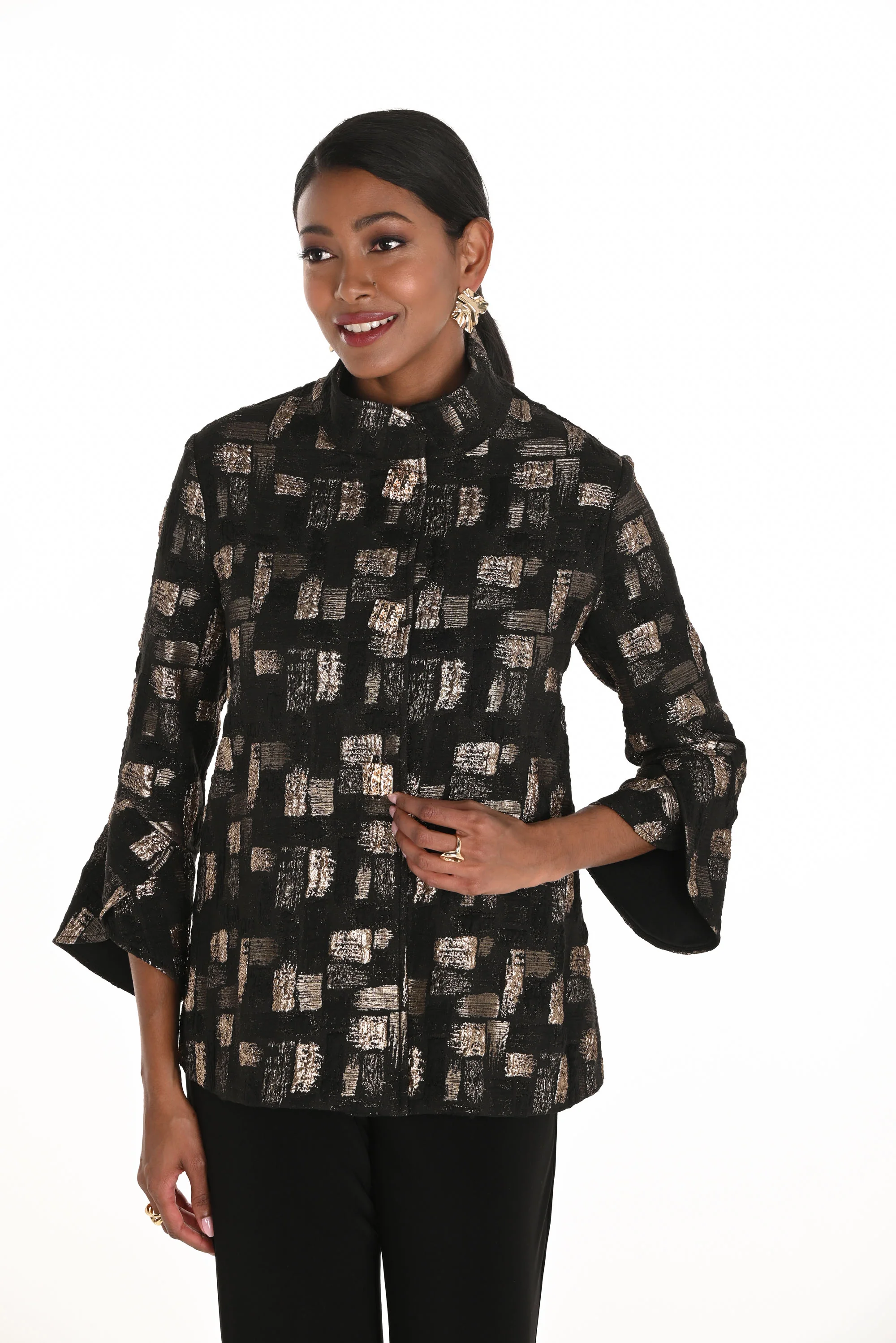 Frank Lyman Black/Gold 3/4 Sleeve Bell Sleeves Jacket Style 259225