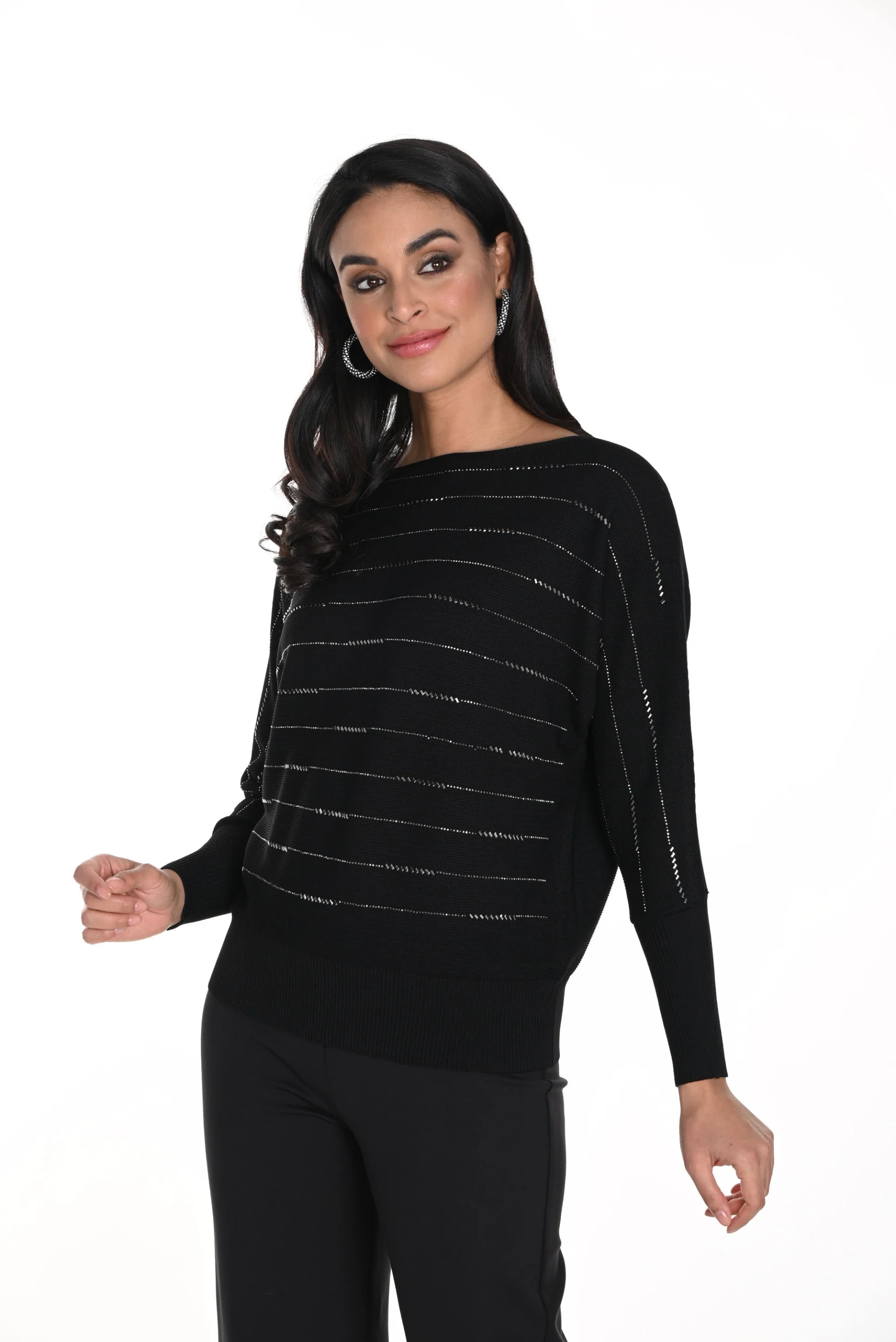 Frank Lyman Black/Gunmetal Boat Neck Striped Sweater Style 243437U - Image 2