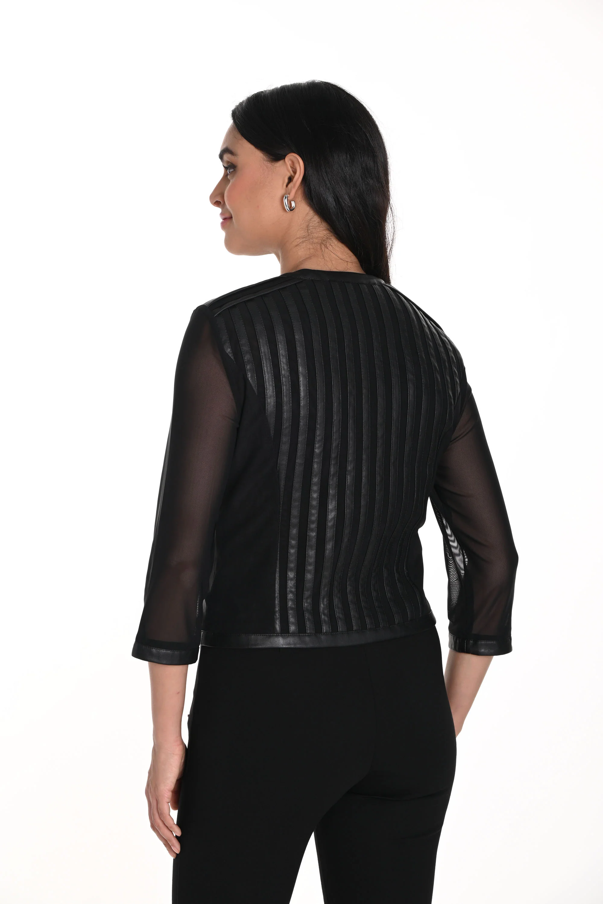 Frank Lyman Black Leatherette Striped Jacket with Mesh Sleeves Style 243404U - Image 2