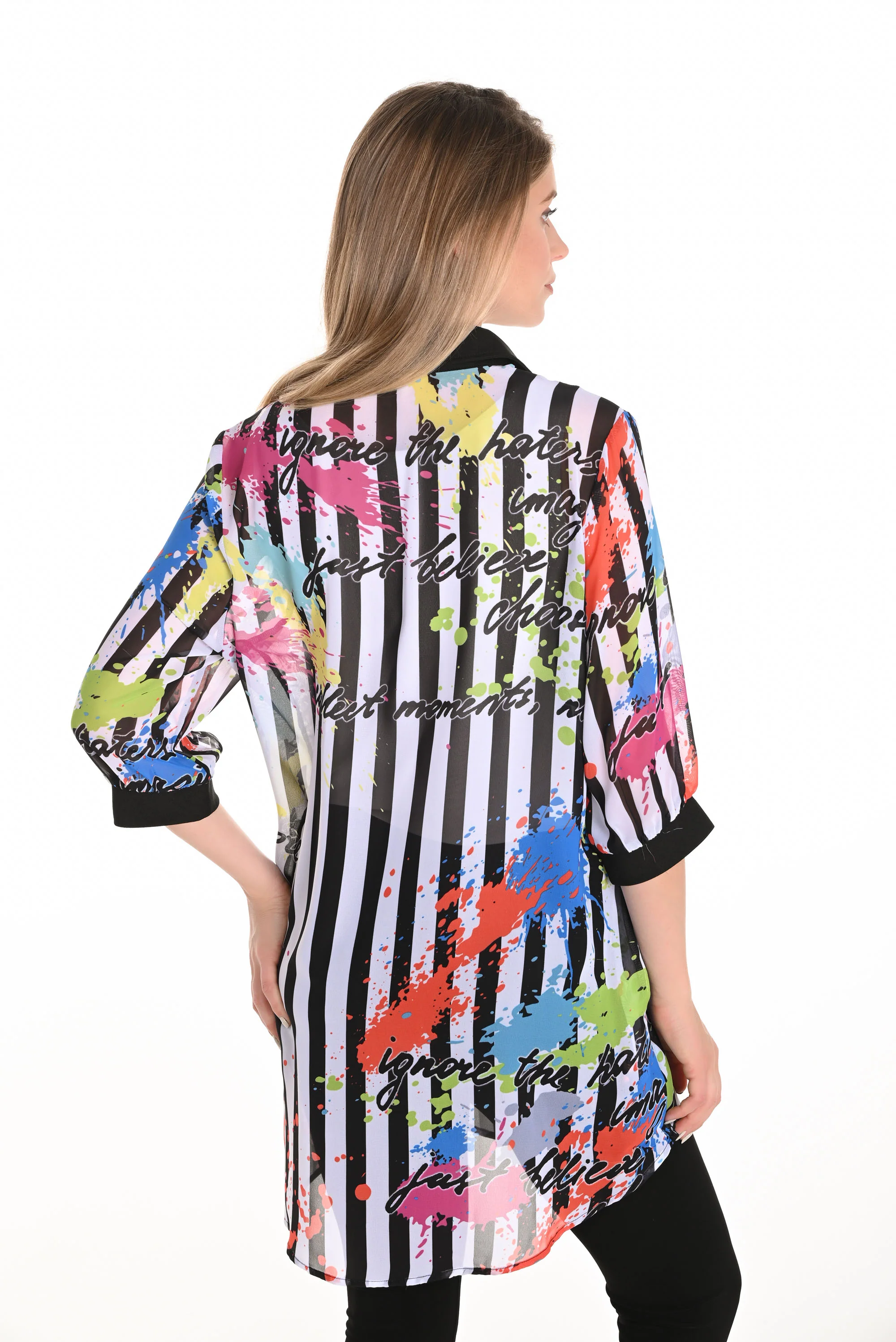 Frank Lyman Black/Orange Casual Print Long Shirt Style 251516 - Image 3