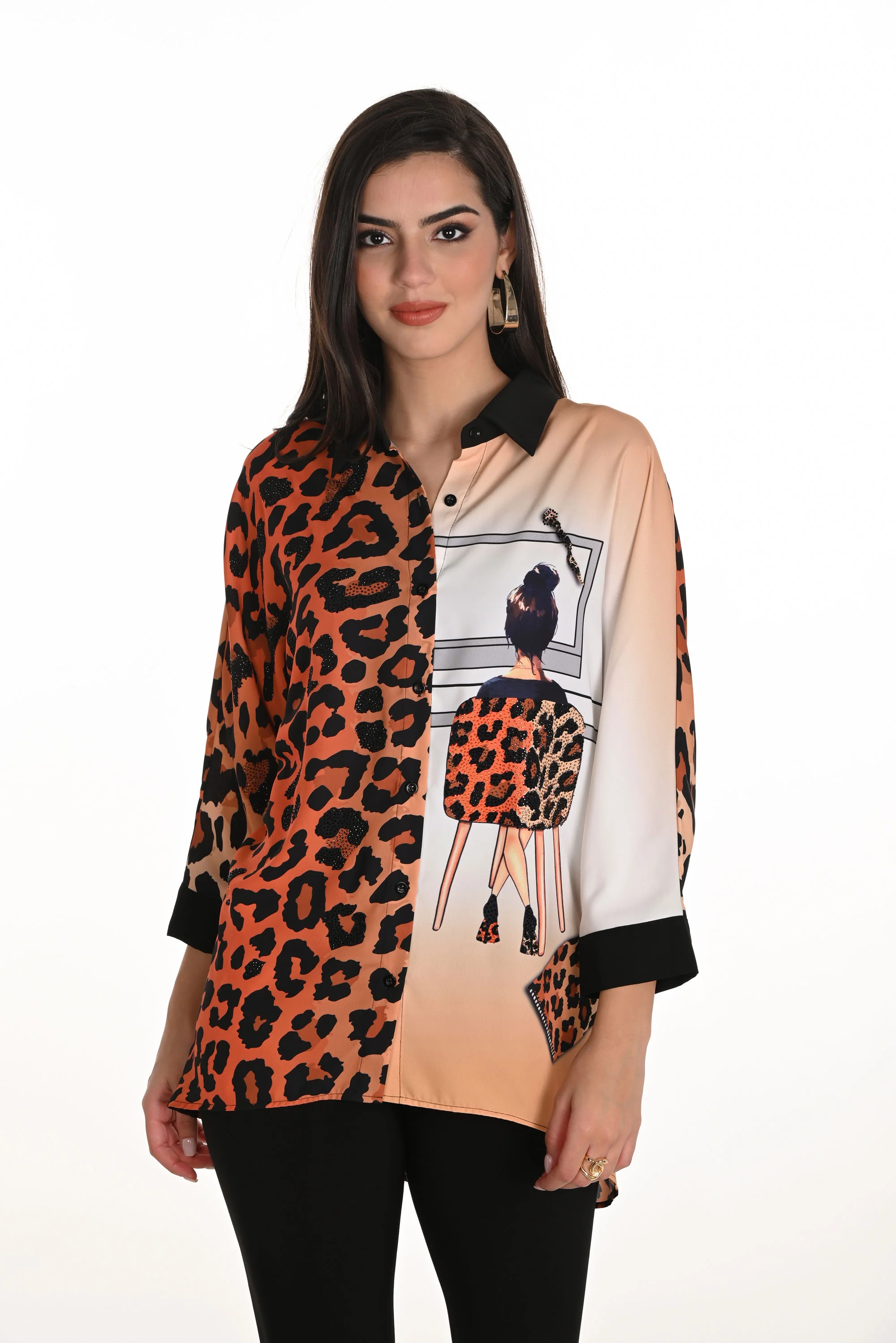Frank Lyman Black/Orange Leopard Print Top Style 253771 - Image 2