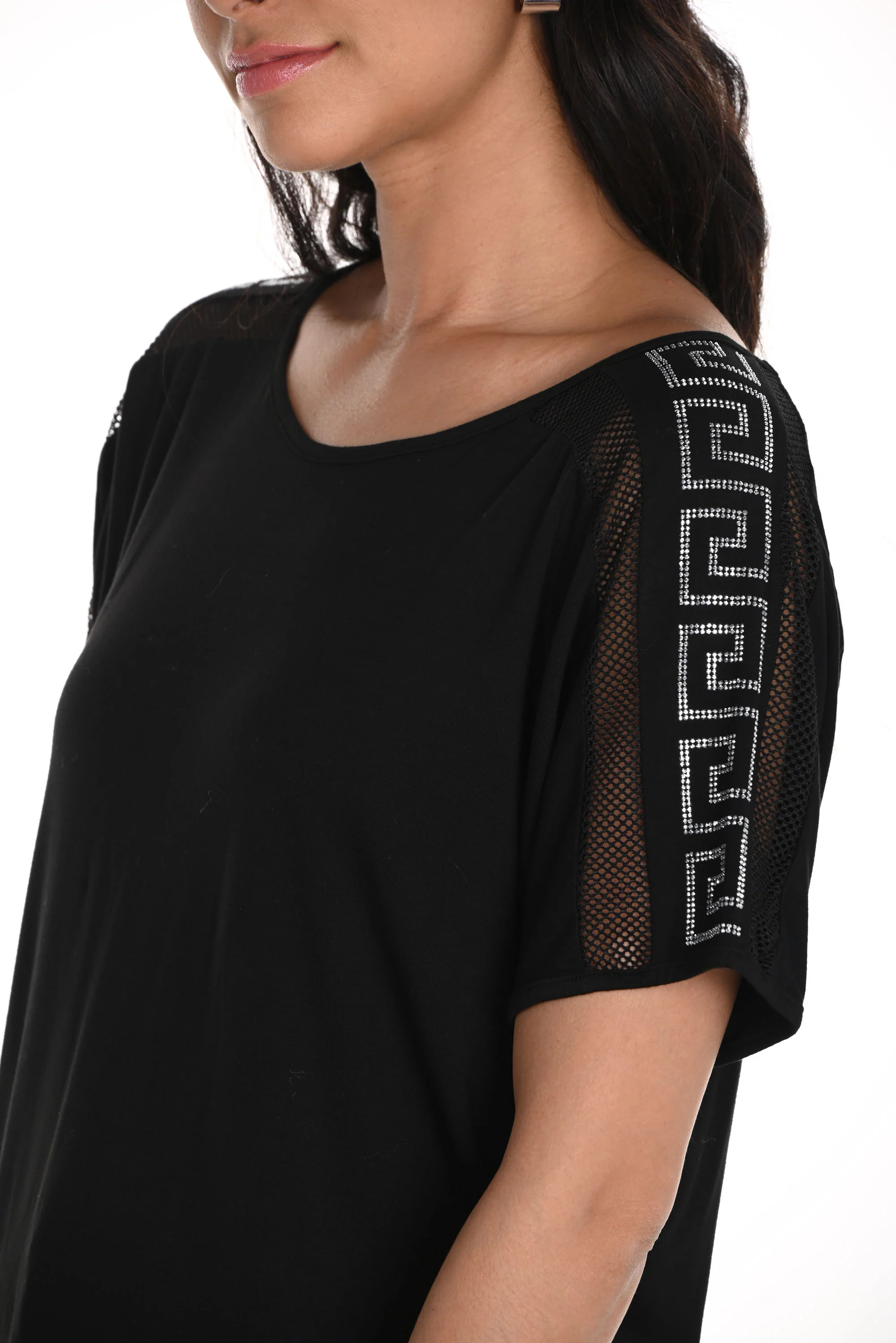 Frank Lyman Black Short Sleeve Top with Mesh Inserts & Rhinestones Style 256708U - Image 2