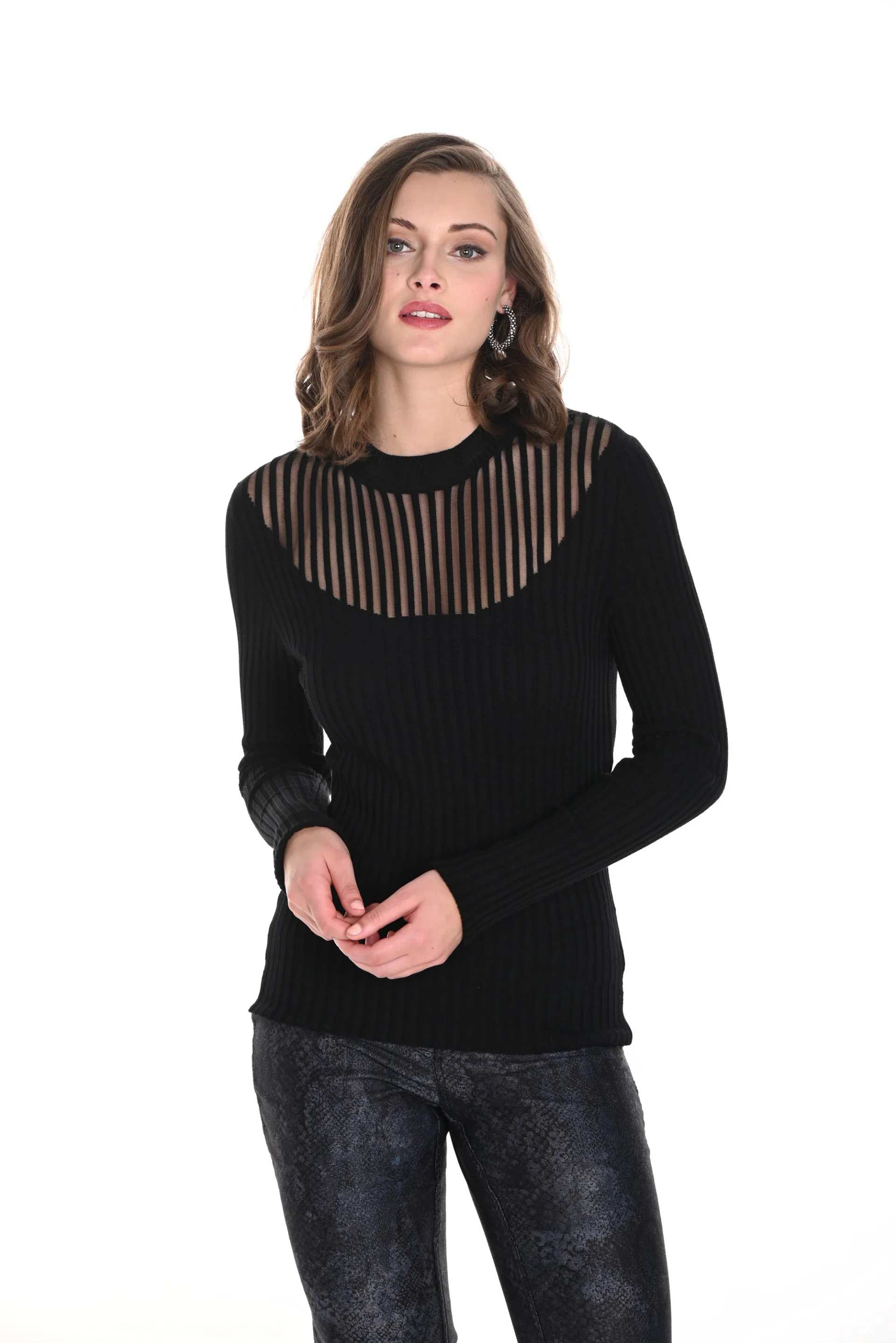 Frank Lyman Black Striped Crew Neck Sweater Top Style 244658U - Image 3