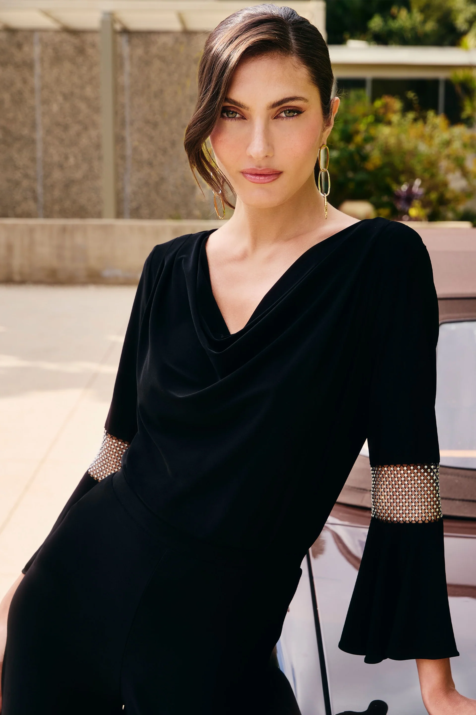 Frank Lyman Black V-Neck Cowl Neck Top with Bell Sleeves Style 249025 - Image 3