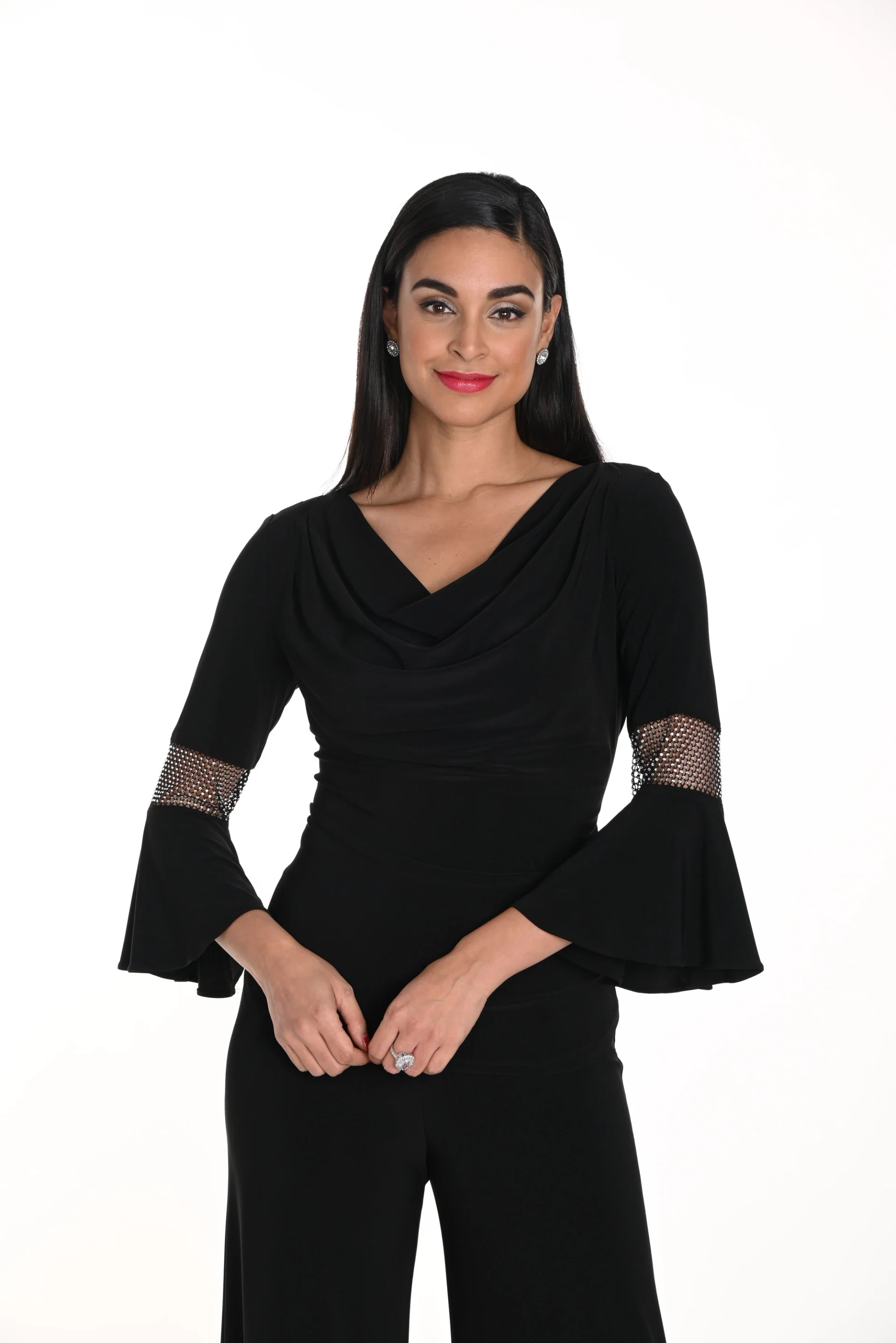 Frank Lyman Black V-Neck Cowl Neck Top with Bell Sleeves Style 249025 - Image 4