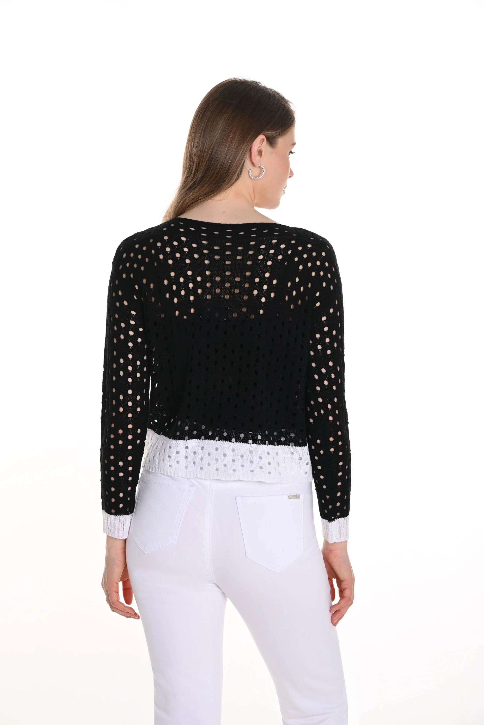Frank Lyman Black/White Sweater Knit Top with Floral Embroidery Style 256745U - Image 2