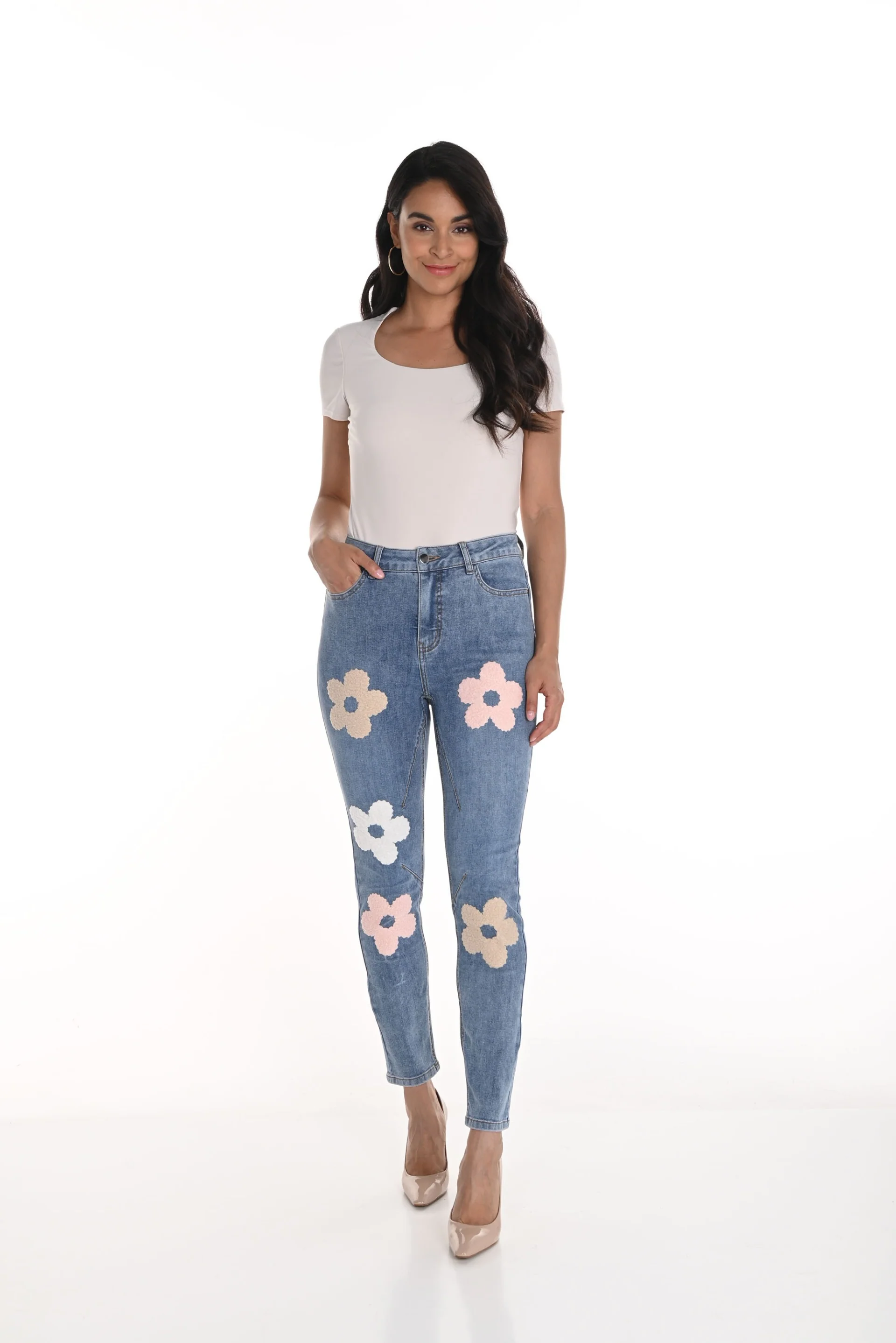 Frank Lyman Blue Denim Jean Pants with Floral Embroidery Style 256842U - Image 3