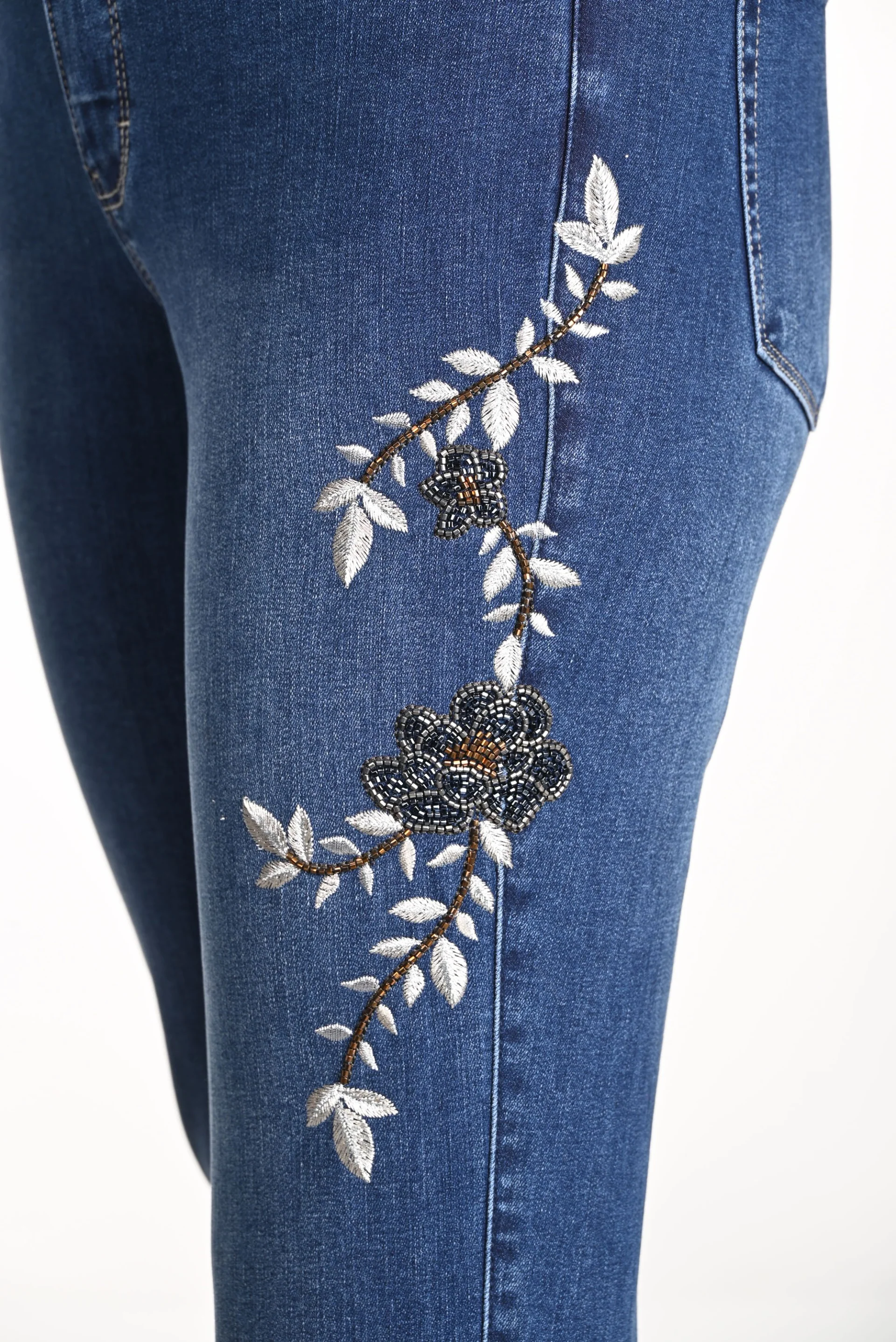 Frank Lyman Blue Denim Pants with Floral Embroidery Style 243459U - Image 3