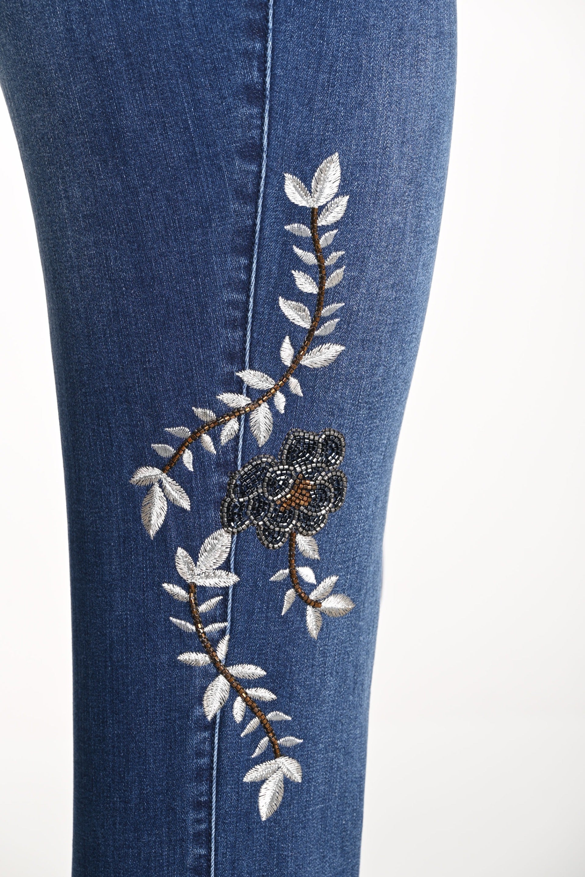 Frank Lyman Blue Denim Pants with Floral Embroidery Style 243459U - Image 4