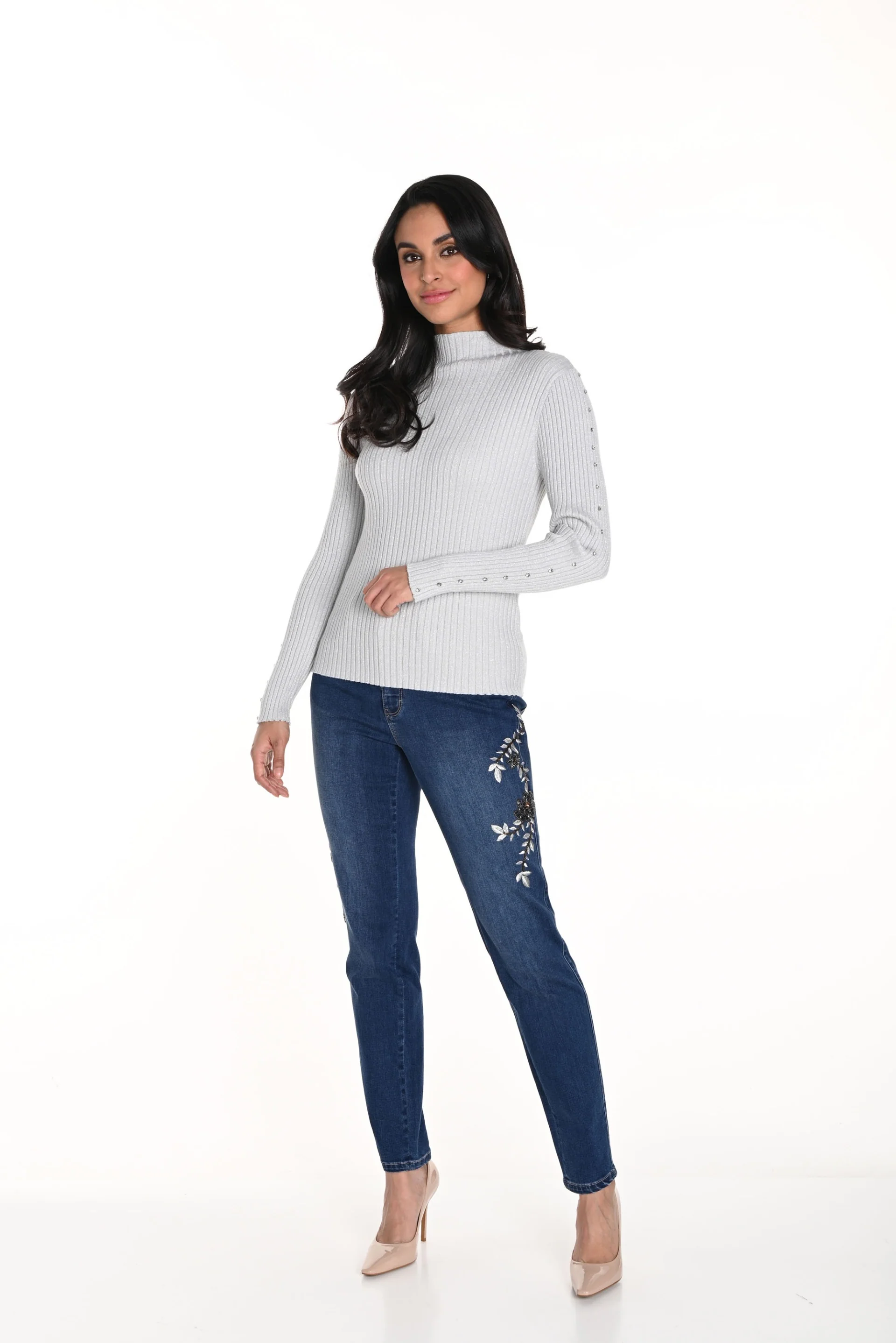 Frank Lyman Blue Denim Pants with Floral Embroidery Style 243459U - Image 6