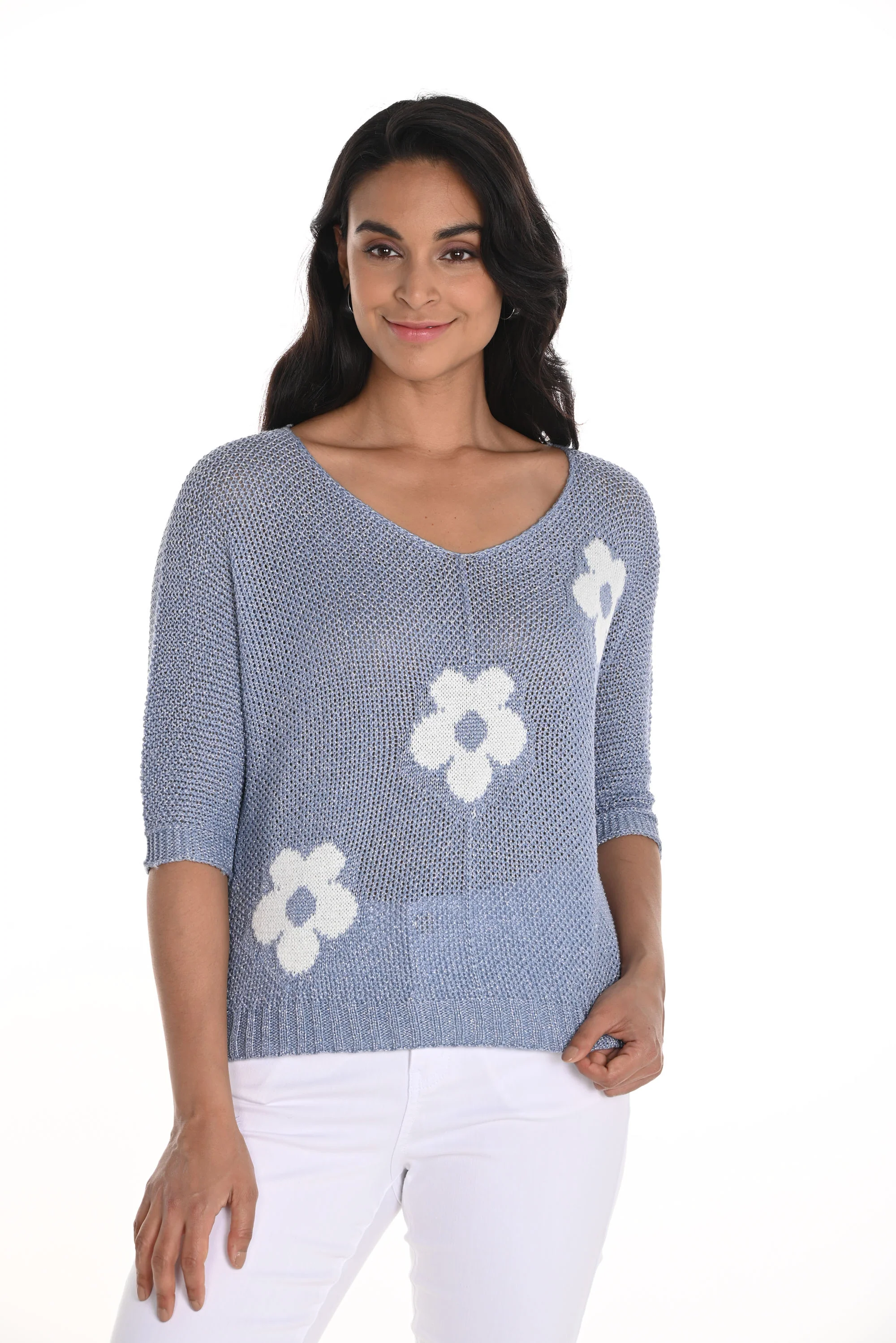 Frank Lyman Blue/Off-White Sweater Knit Floral Top Style 256838U - Image 4