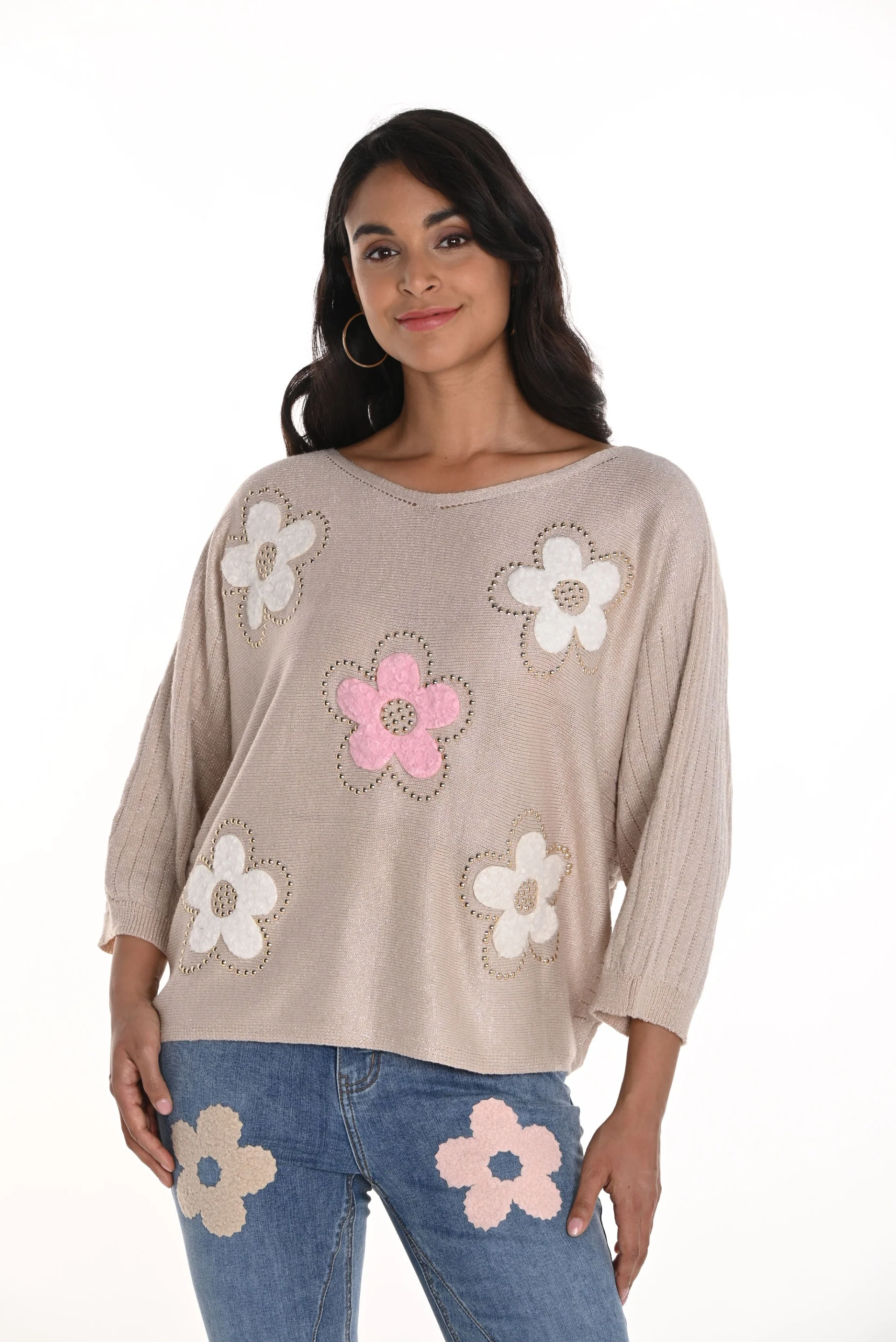 Frank Lyman Blush Sweater Knit Top with Floral Embroidery Style 256767U - Image 2