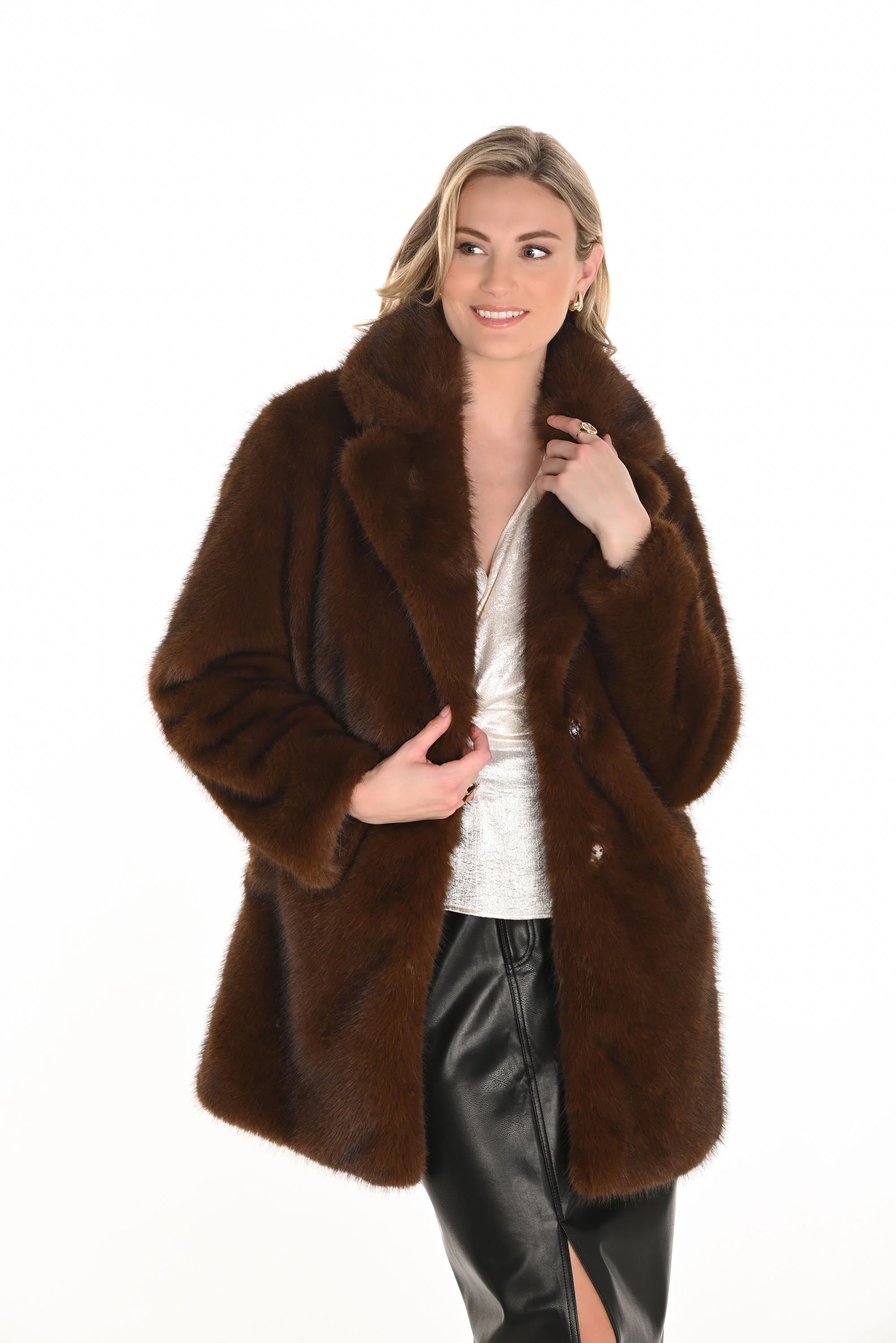 Frank Lyman Brown Faux Fur Open Front Coat Style 253836 - Image 4