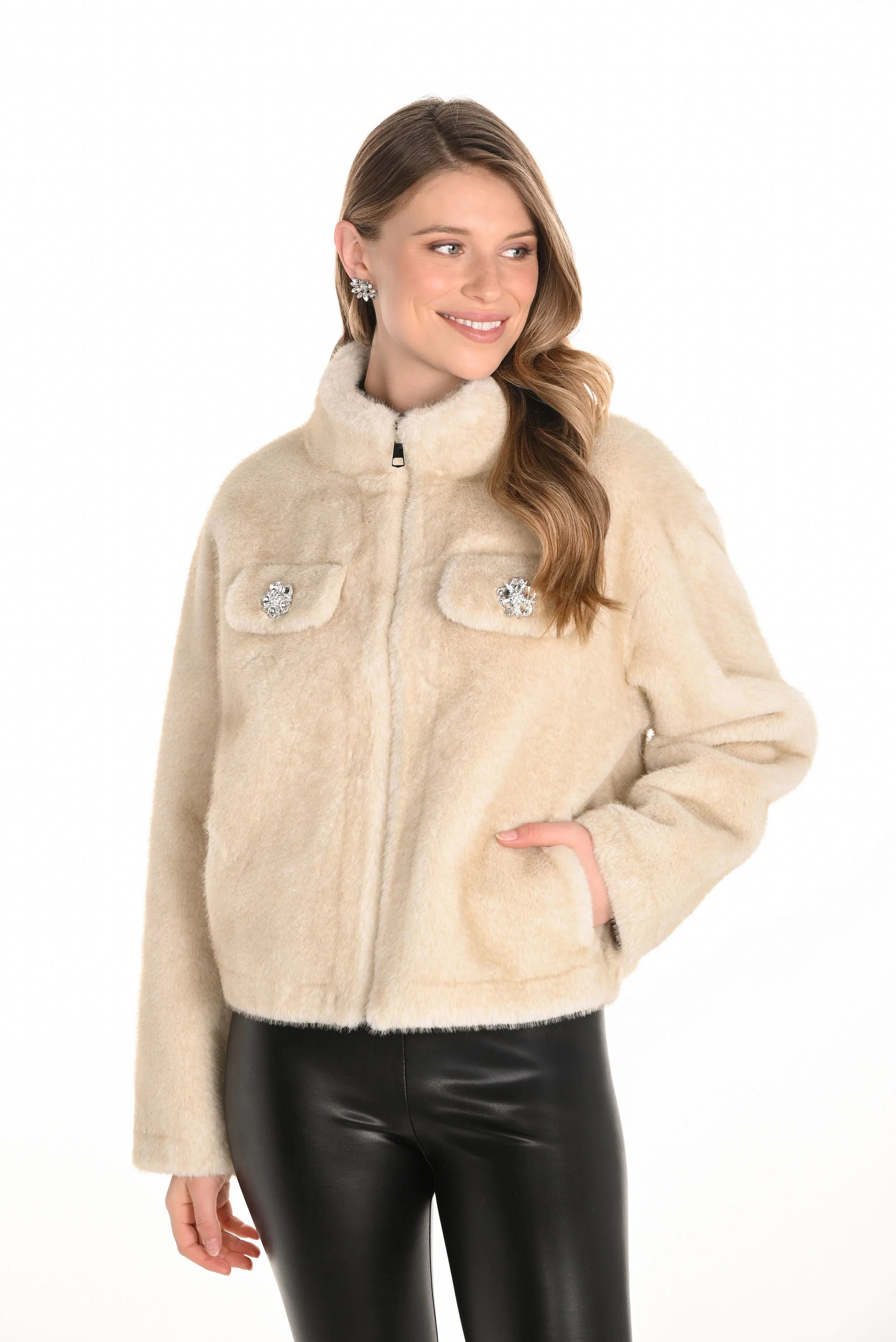 Frank Lyman Champagne Faux Fur Hip-Length Jacket Style 253874 - Image 2