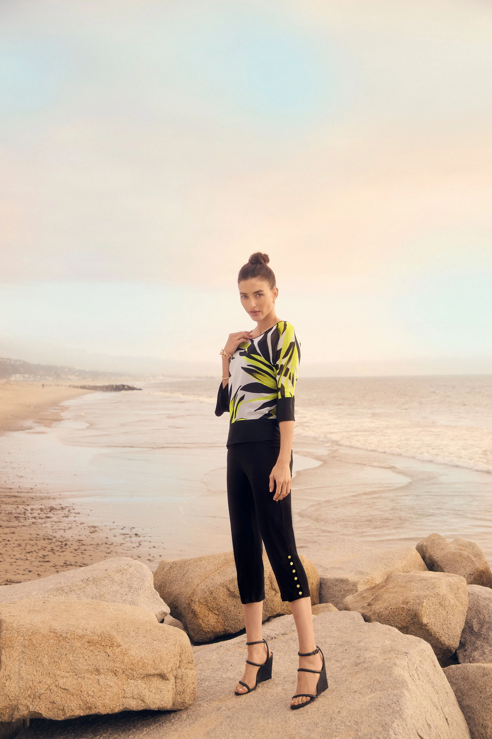 Frank Lyman Chartreuse/Black Leaf Print Top Style 251323 - Image 3