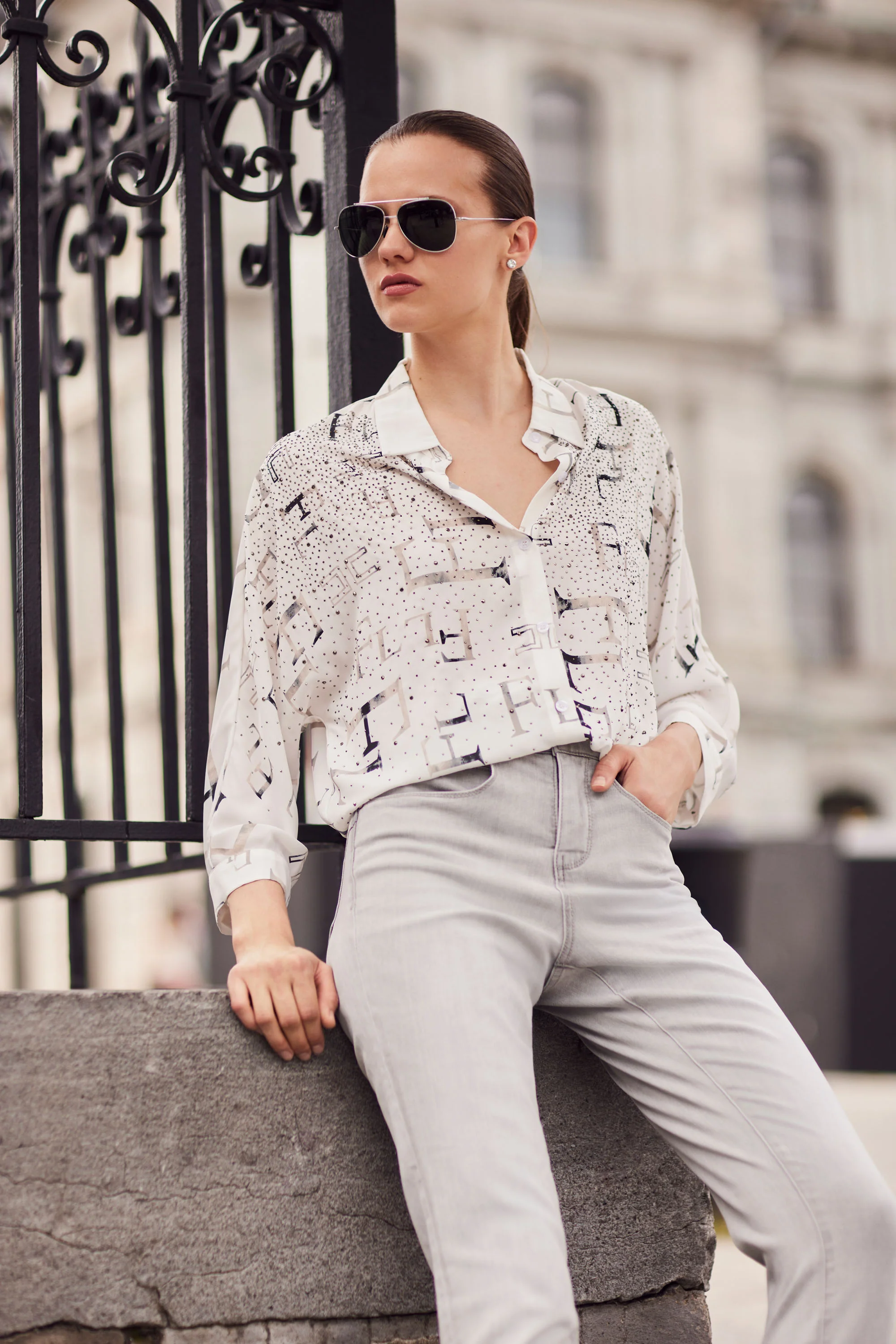 Frank Lyman Chic Letter Print Buttoned Blouse Style 254995