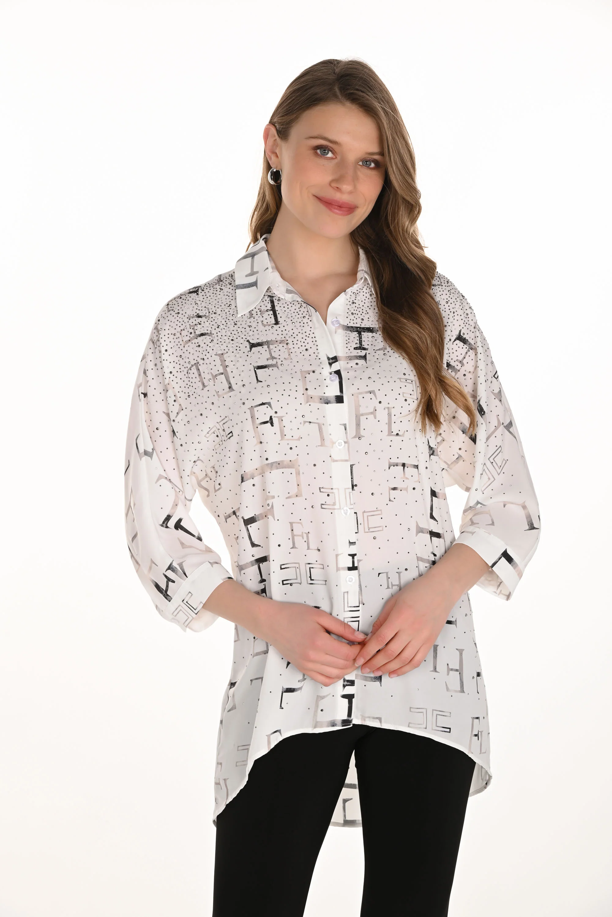 Frank Lyman Chic Letter Print Buttoned Blouse Style 254995 - Image 3