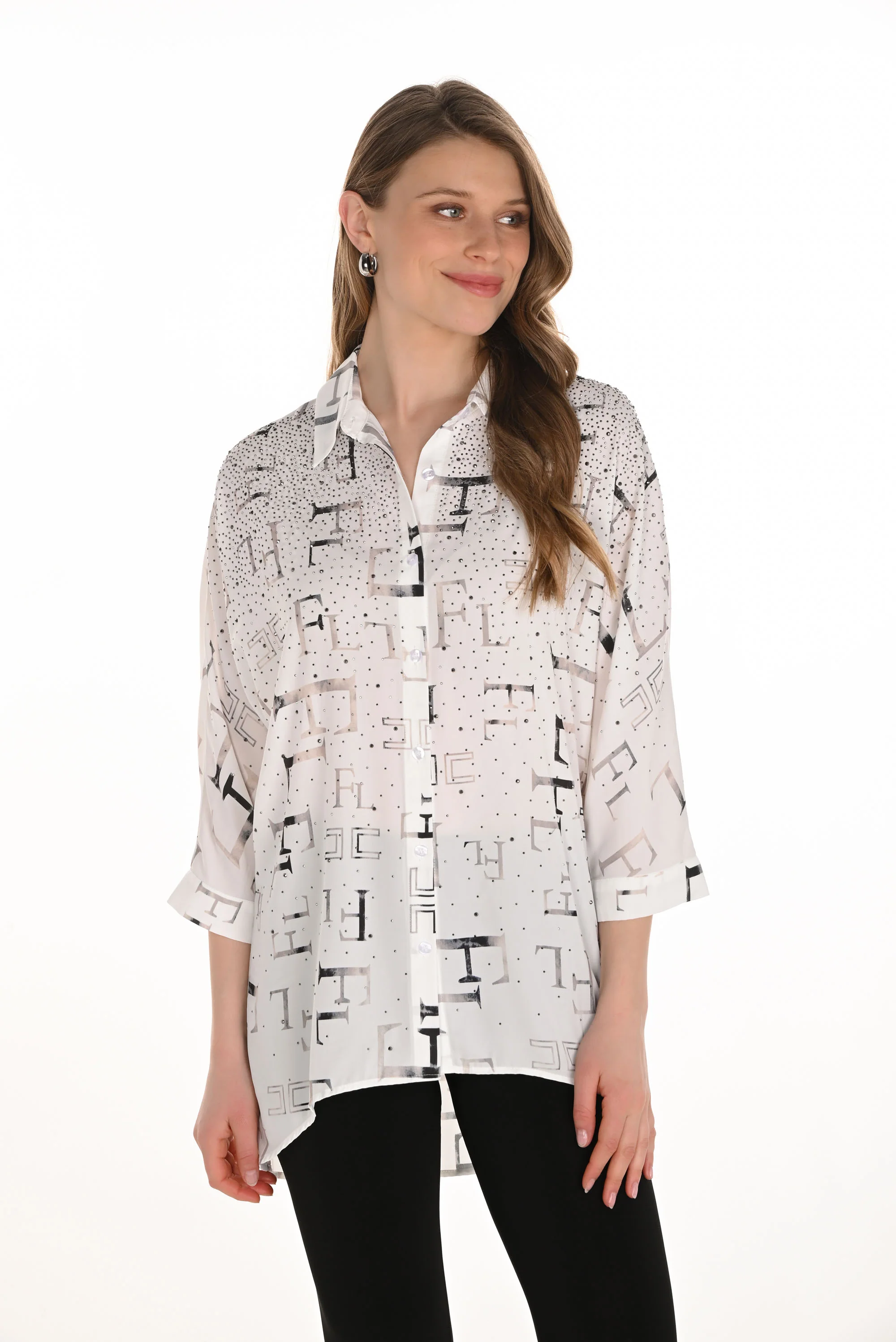 Frank Lyman Chic Letter Print Buttoned Blouse Style 254995 - Image 4