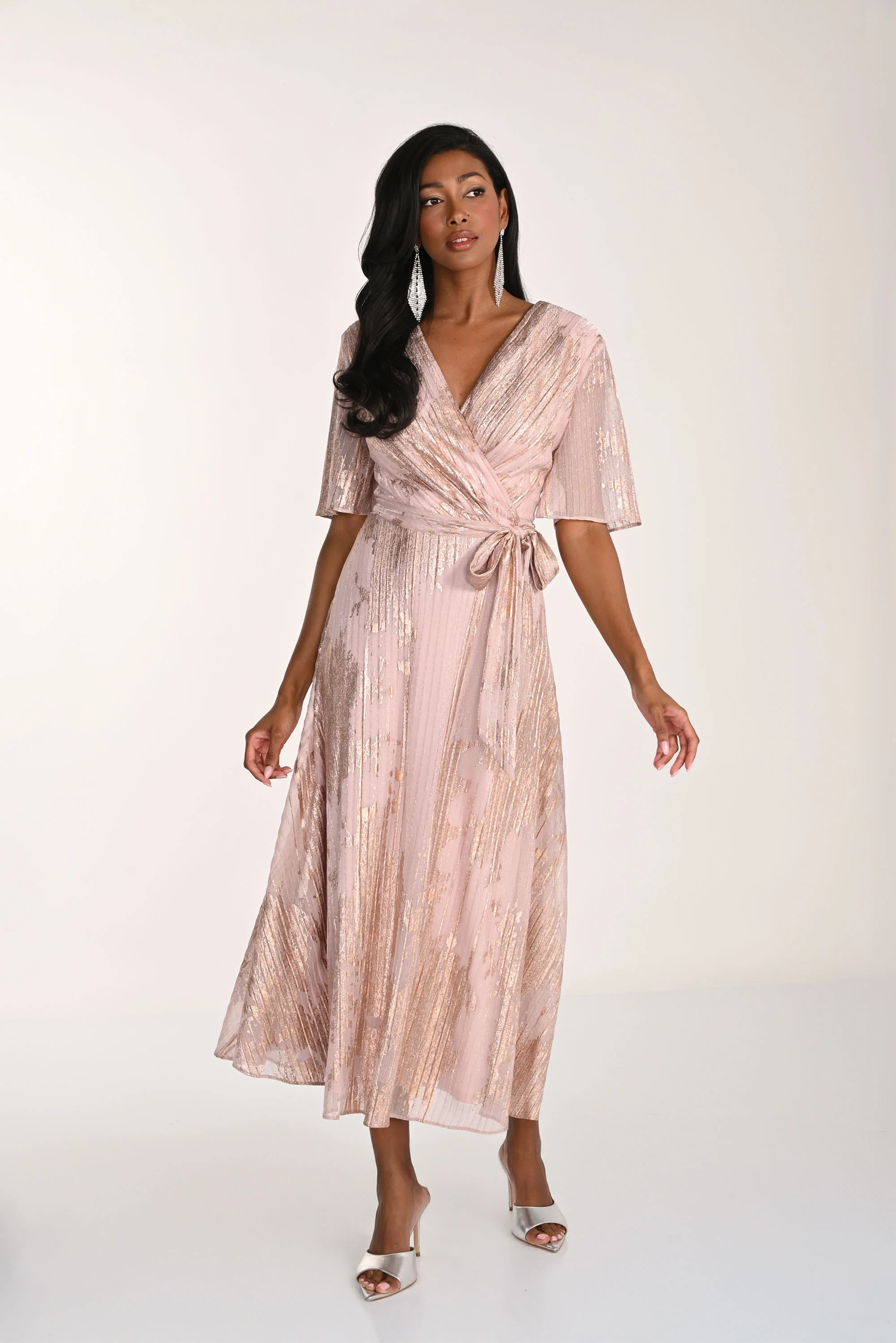 Frank Lyman Foil Print Elegant V-neck Midi Wrap Dress Style 268305 - Image 2