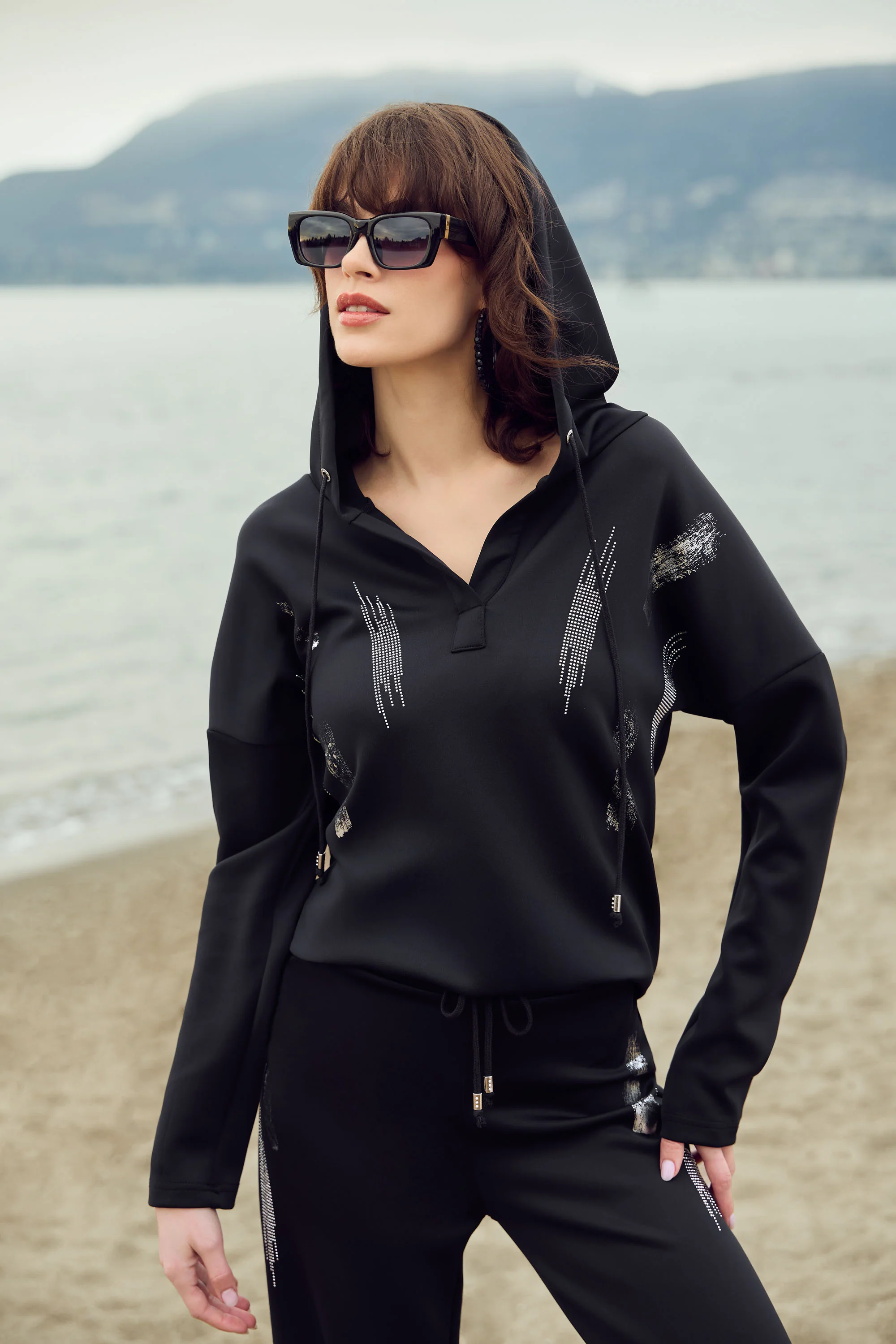 Frank Lyman Hooded Jewel Embellished Pullover Style 253776