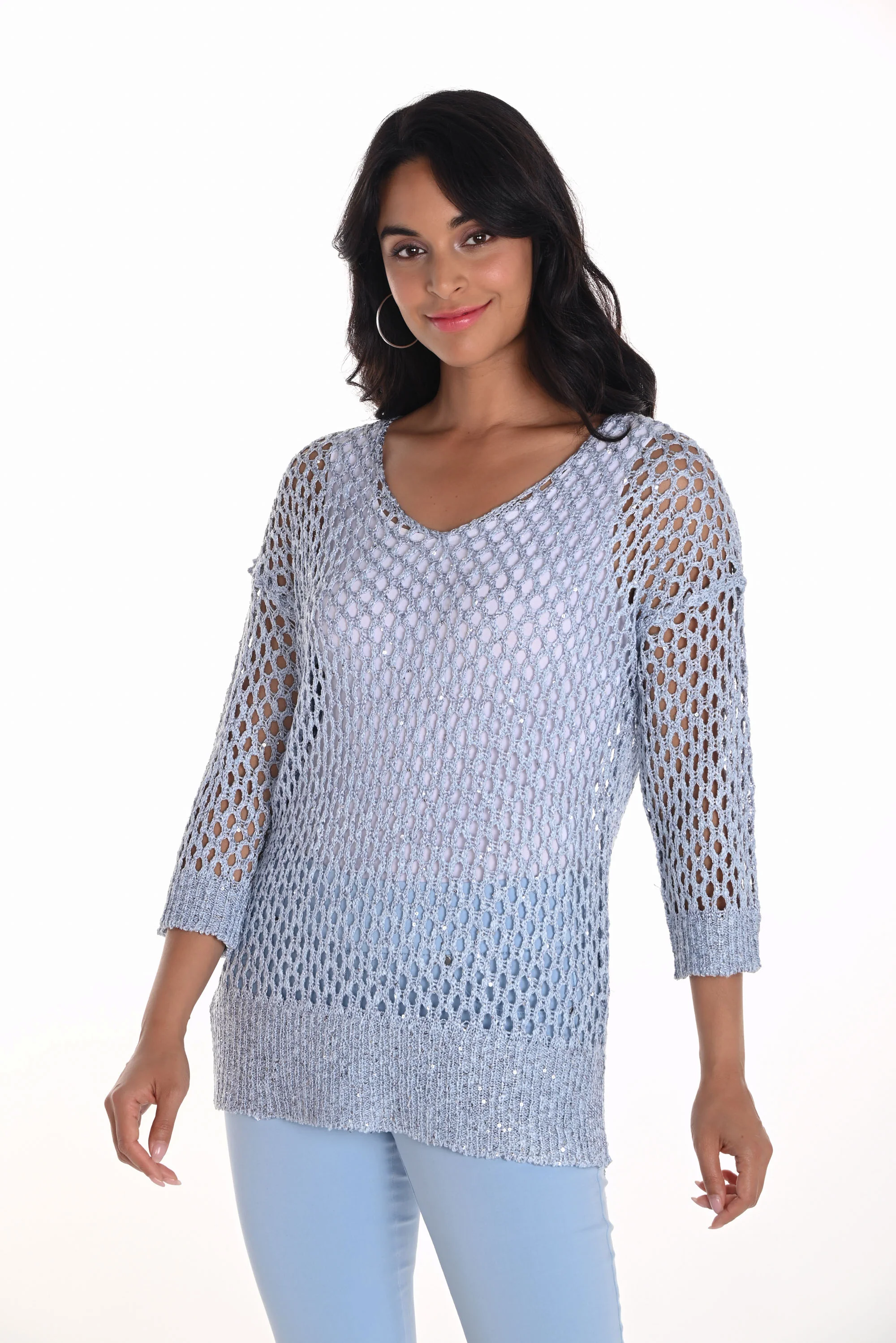 Frank Lyman Light Blue Open Stitch Sweater with Sequins Style 251522