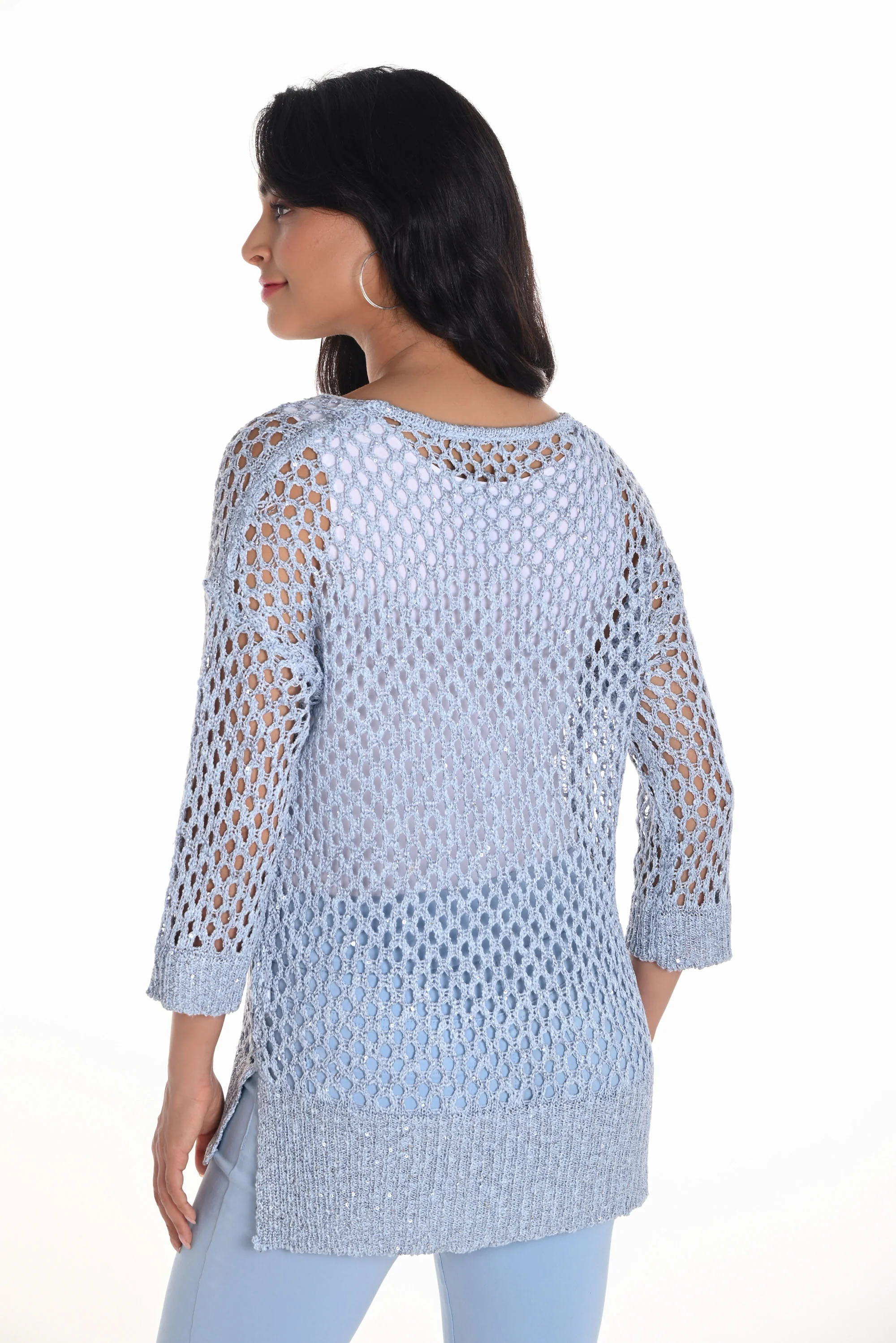 Frank Lyman Light Blue Open Stitch Sweater with Sequins Style 251522 - Image 2