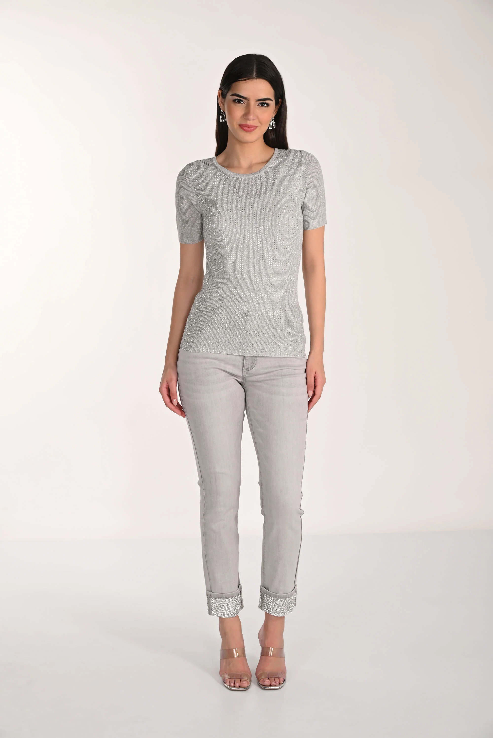 Frank Lyman Light Grey Slim-Fit Jeans with Embellished Cuff Style 266594 - Image 2