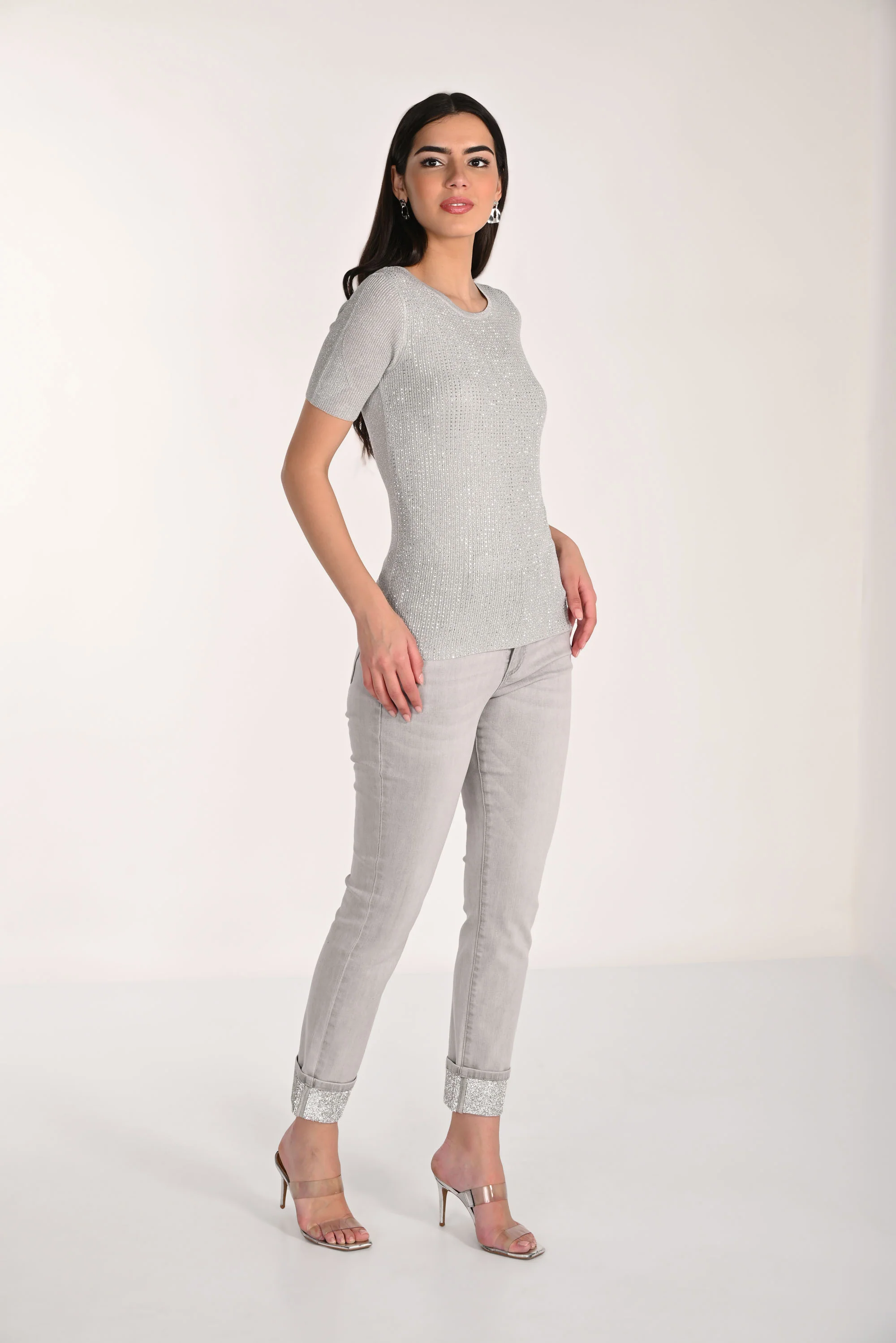 Frank Lyman Light Grey Slim-Fit Jeans with Embellished Cuff Style 266594 - Image 3