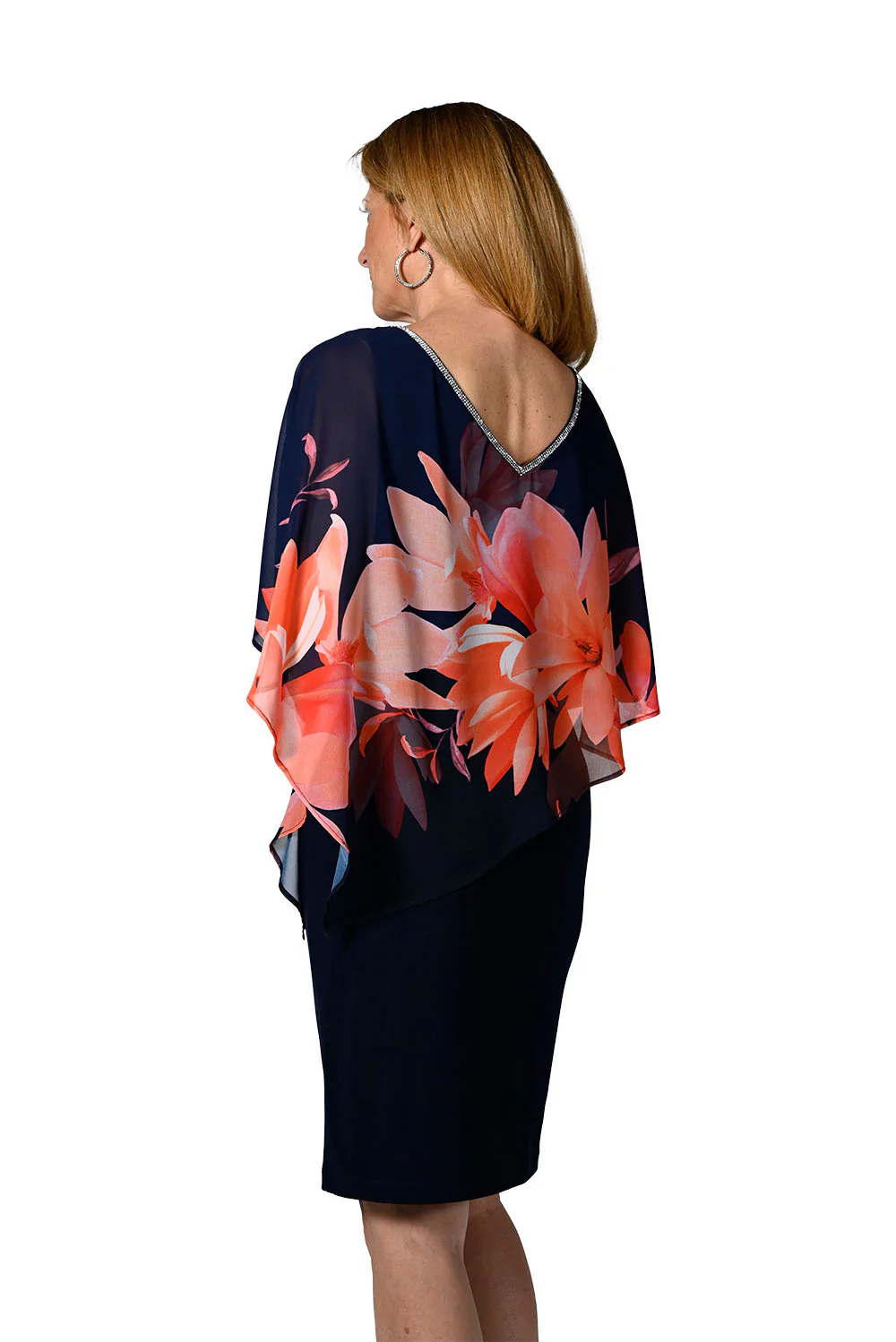Frank Lyman Navy/Coral Floral Print Chiffon Dress Style 238348 - Image 2