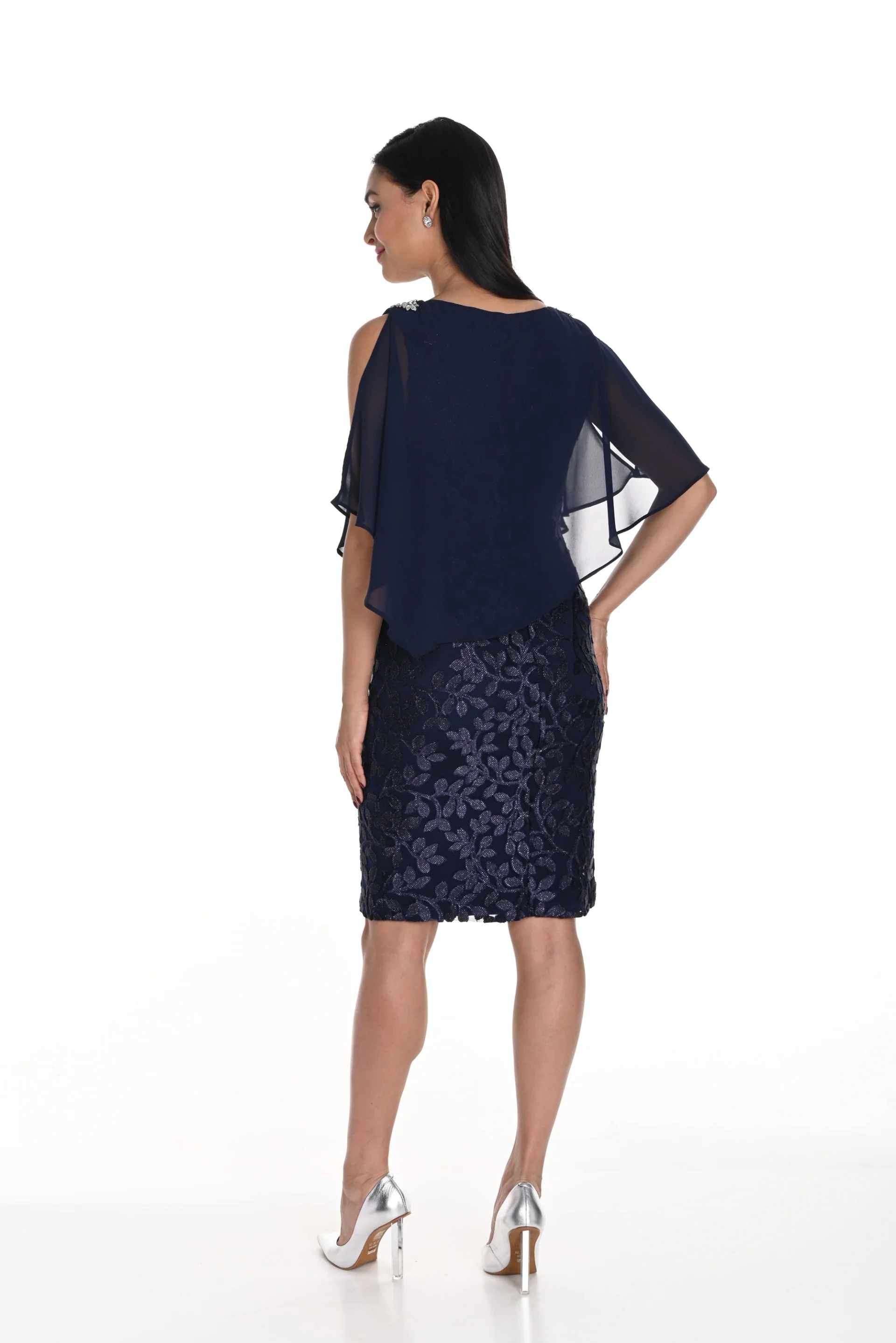 Frank Lyman Navy Dress with Leaf Print and Chiffon Cape Style 249276 - Image 2