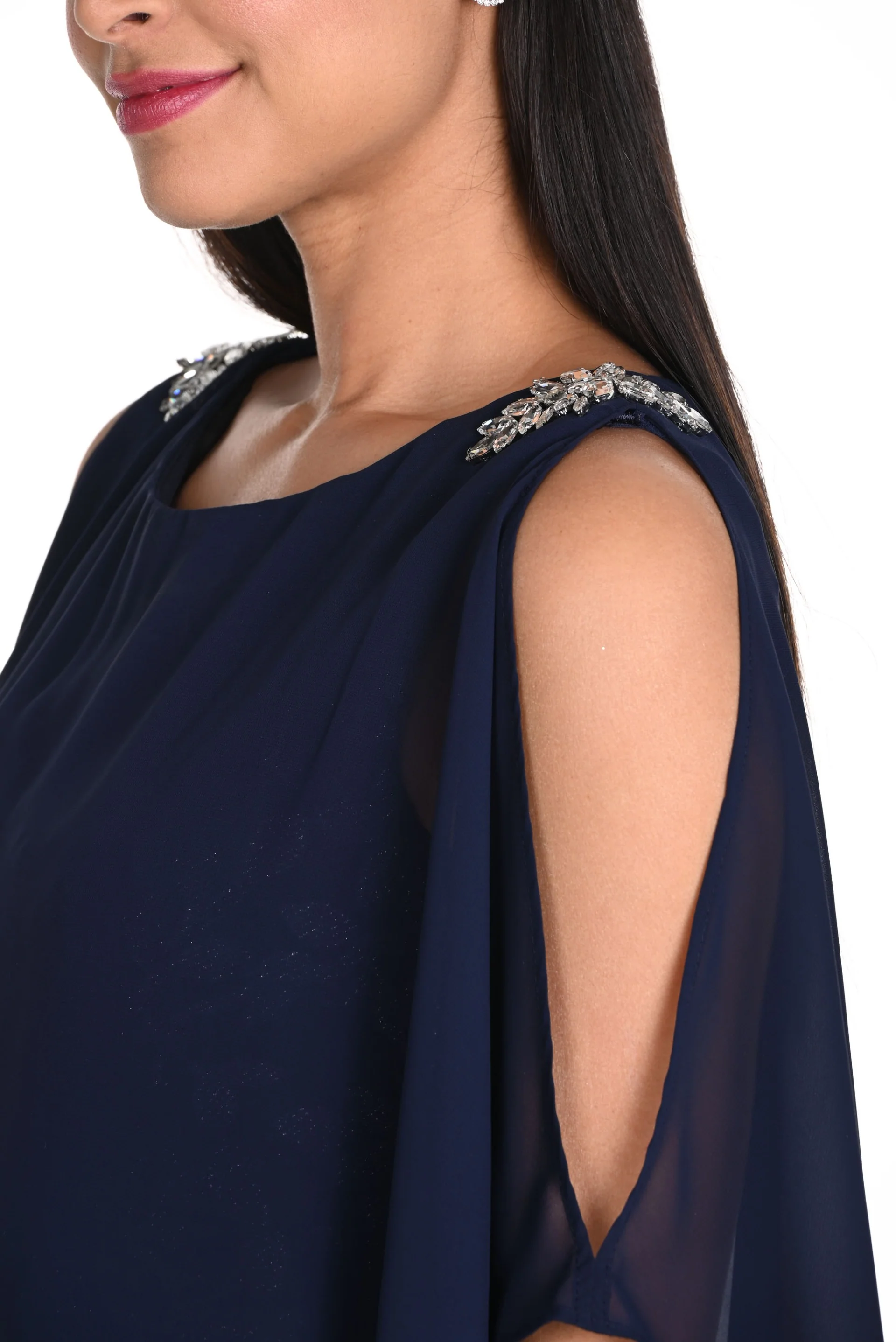 Frank Lyman Navy Dress with Leaf Print and Chiffon Cape Style 249276 - Image 4