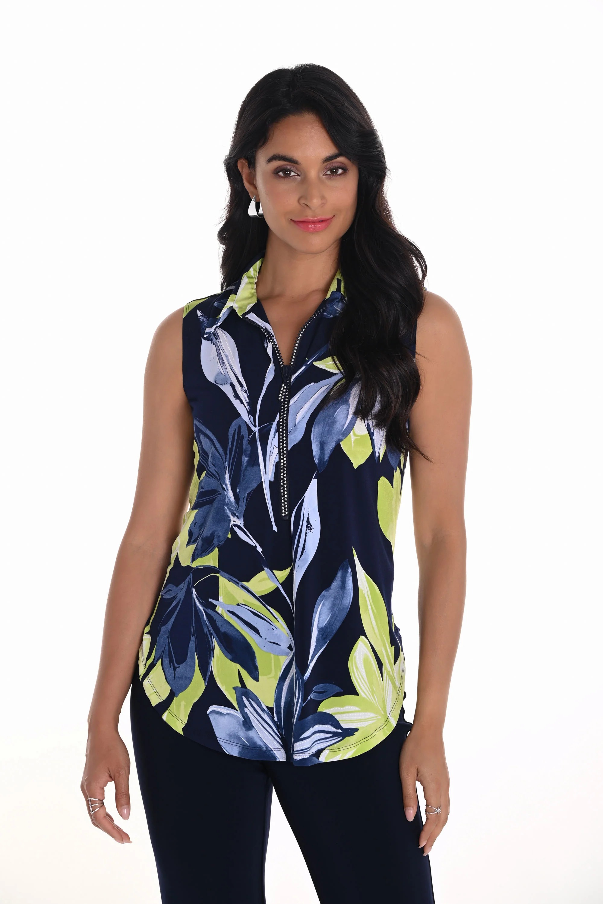 Frank Lyman Navy/Lime Leaf Print Sleeveless Top Style 251214 - Image 2