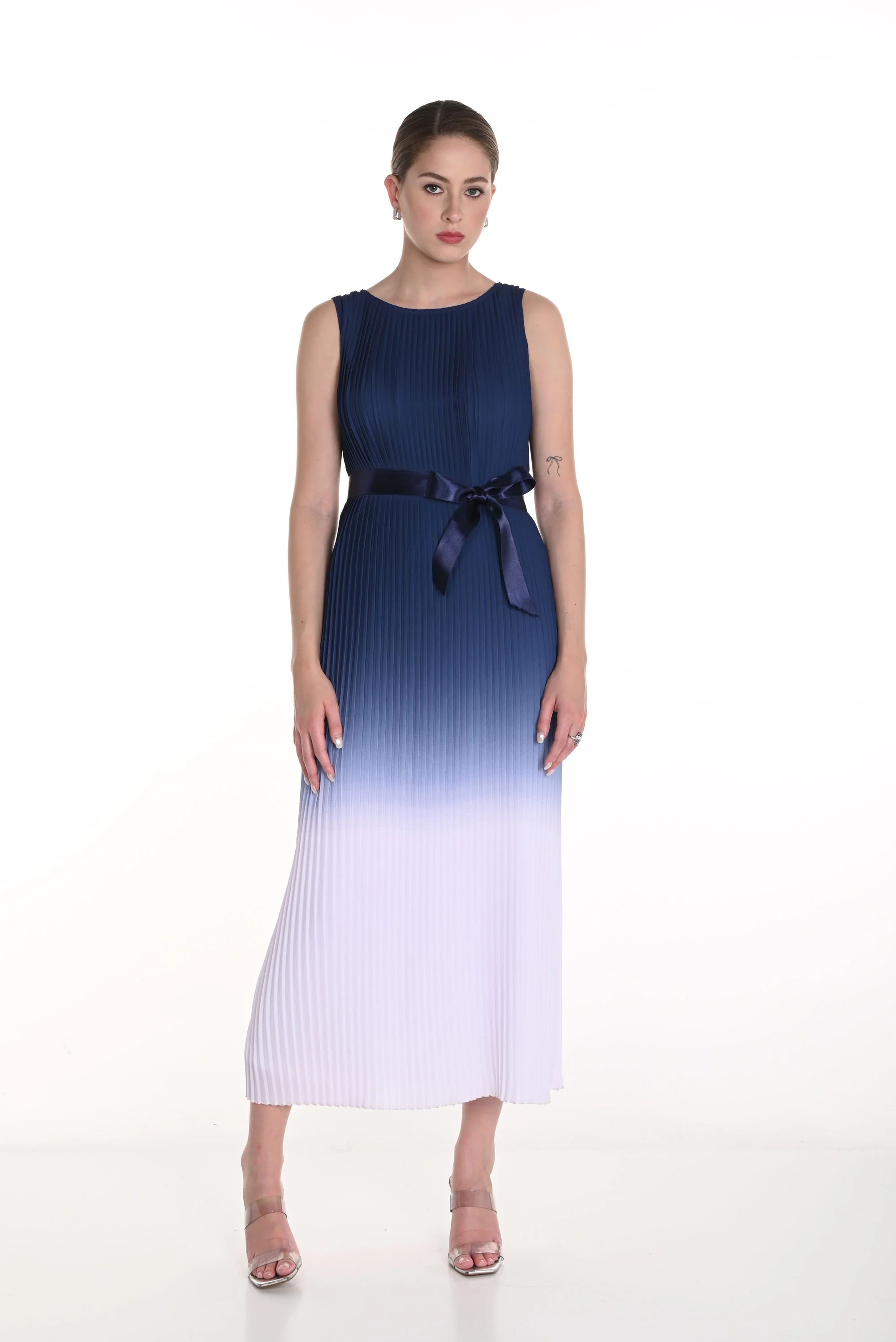 Frank Lyman Navy/Off-White Pleated Sleeveless Dress with Ribbon Style 258149