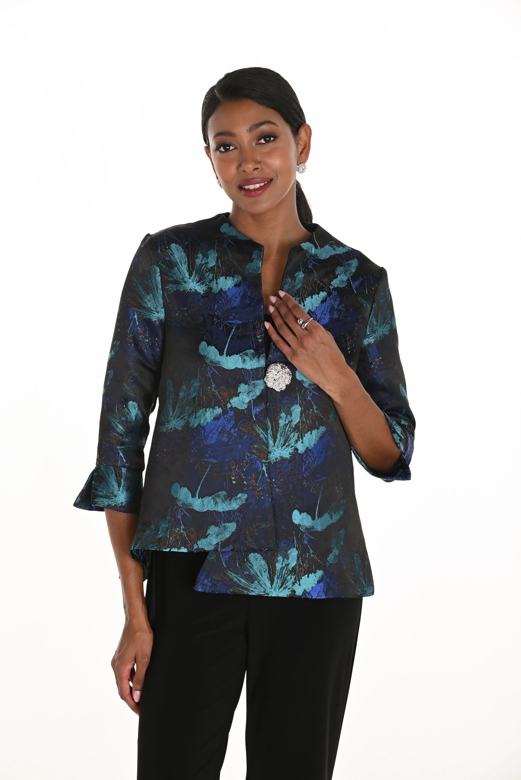 Frank Lyman Navy/Teal Floral 3/4 Sleeve Jacket Style 259206