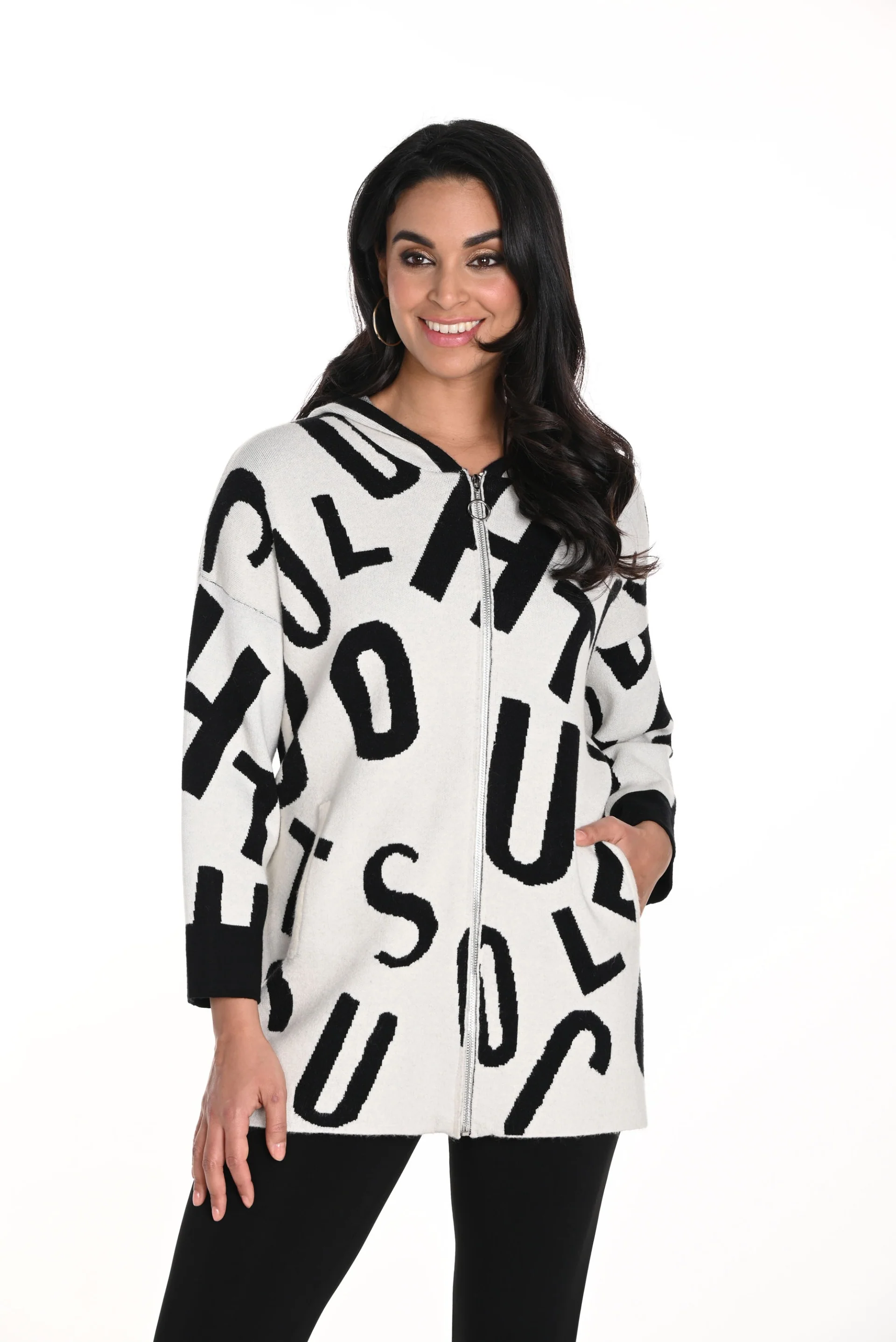 Frank Lyman Off-White/Black Sweater Top with a Hoodie Style 243505U - Image 2